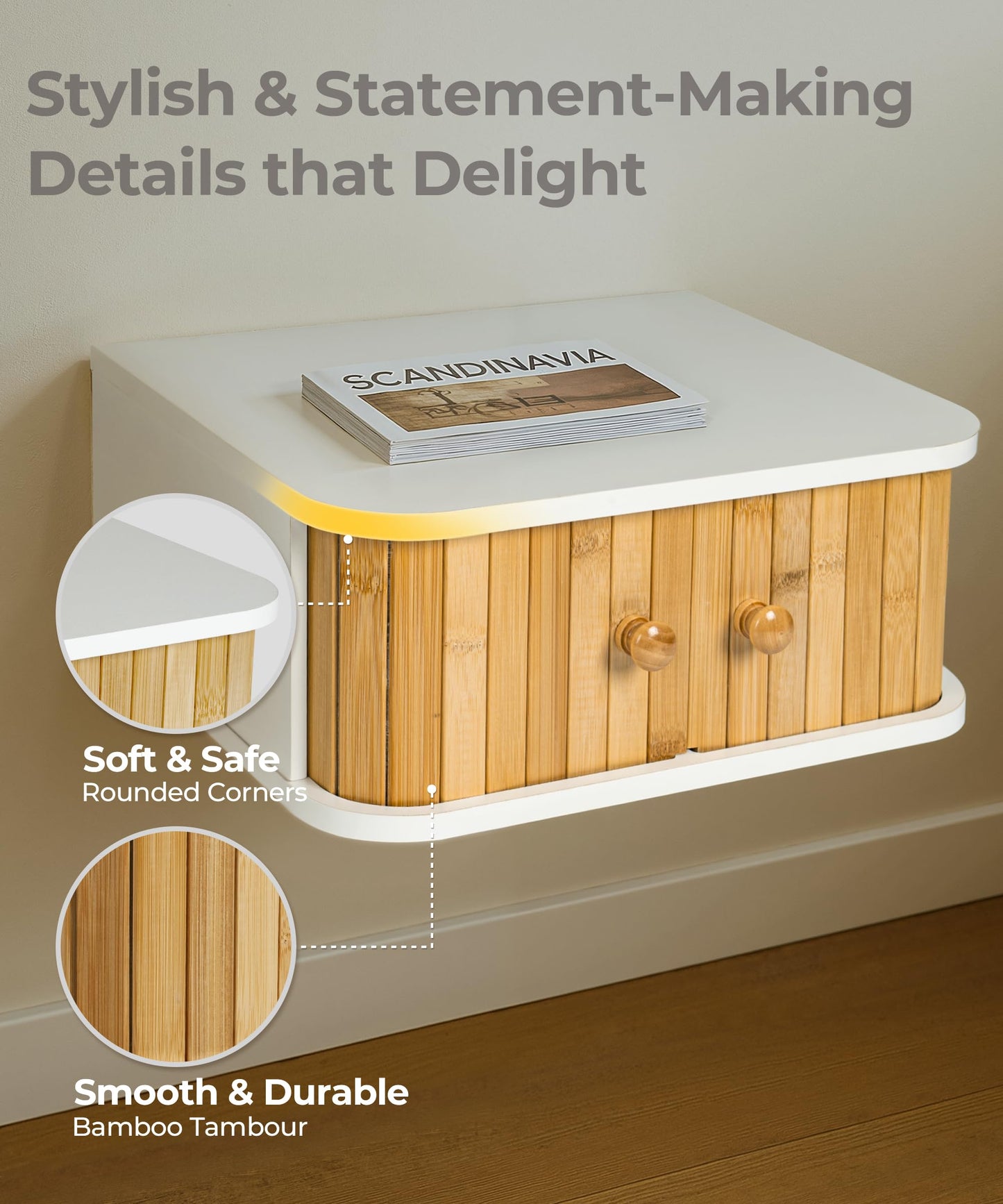 SUMGAR Floating Nightstand Set of 2 White Night Stand Boho Bedside Table Organiser Small Spaces Wall Mounted Shelf Storage with Drawers Wood Bamboo Natural Hanging Furniture for Bedroom Home Decor
