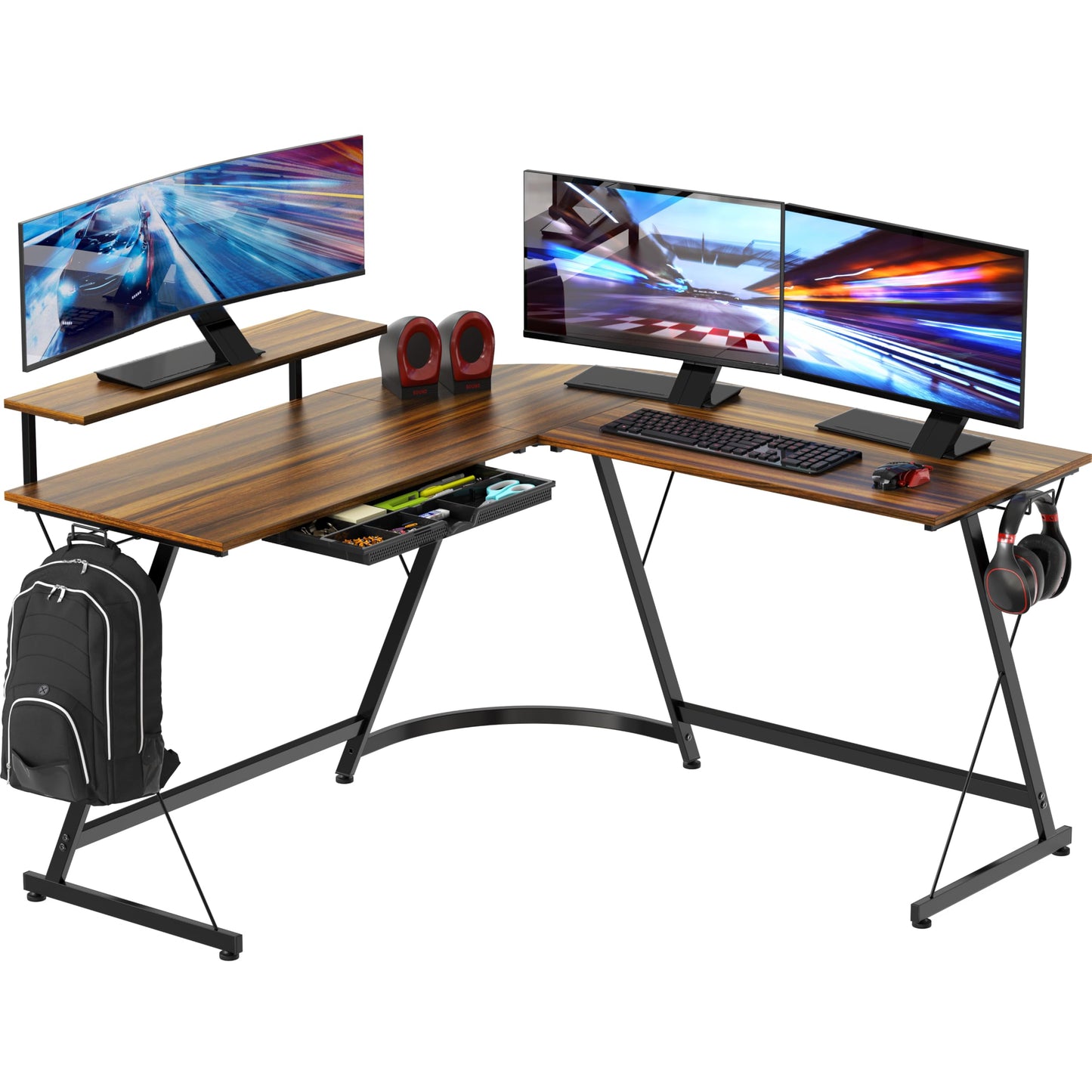 SHW 51 x 51 Inches Vista L-Shaped Desk with Monitor Stand and Drawer, Walnut