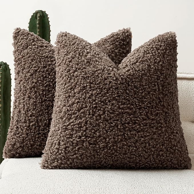 Faux Fur Throw Pillow Covers 18x18 Inch Set of 2 Boucle Neutral Decorative