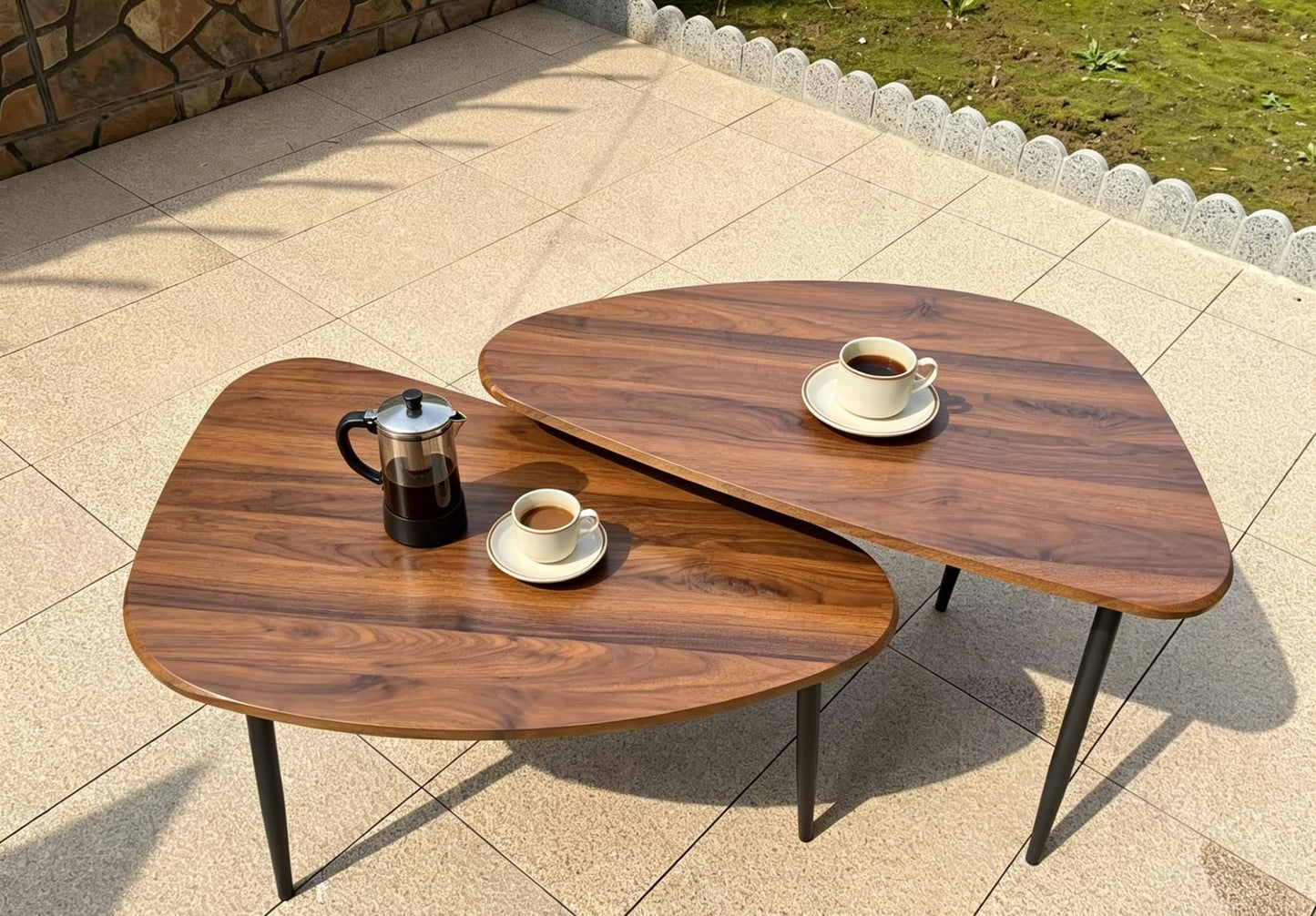 Nesting Coffee Table Set of 2 Coffee Tables Nesting Tables for Living Room Wooden Small Table Triangle Walnut Mid-Century Modern