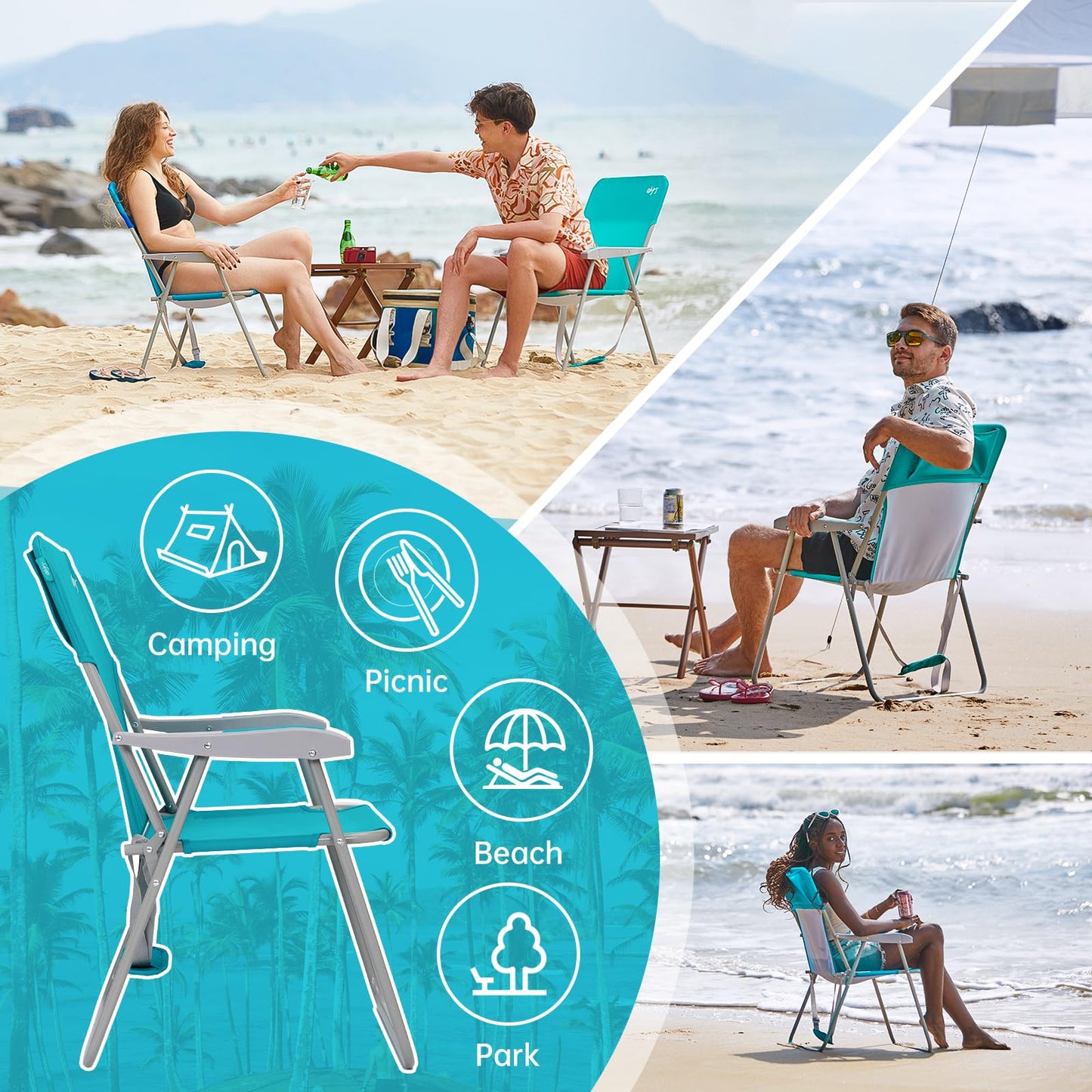 #WEJOY Tall Folding Beach Chair for Adults, Lightweight Beach Chair with Shoulder Straps, High Back Camping Chairs with Hard Armrest, Supports 300lbs for Outdoor Lawn Concert (Cyan)