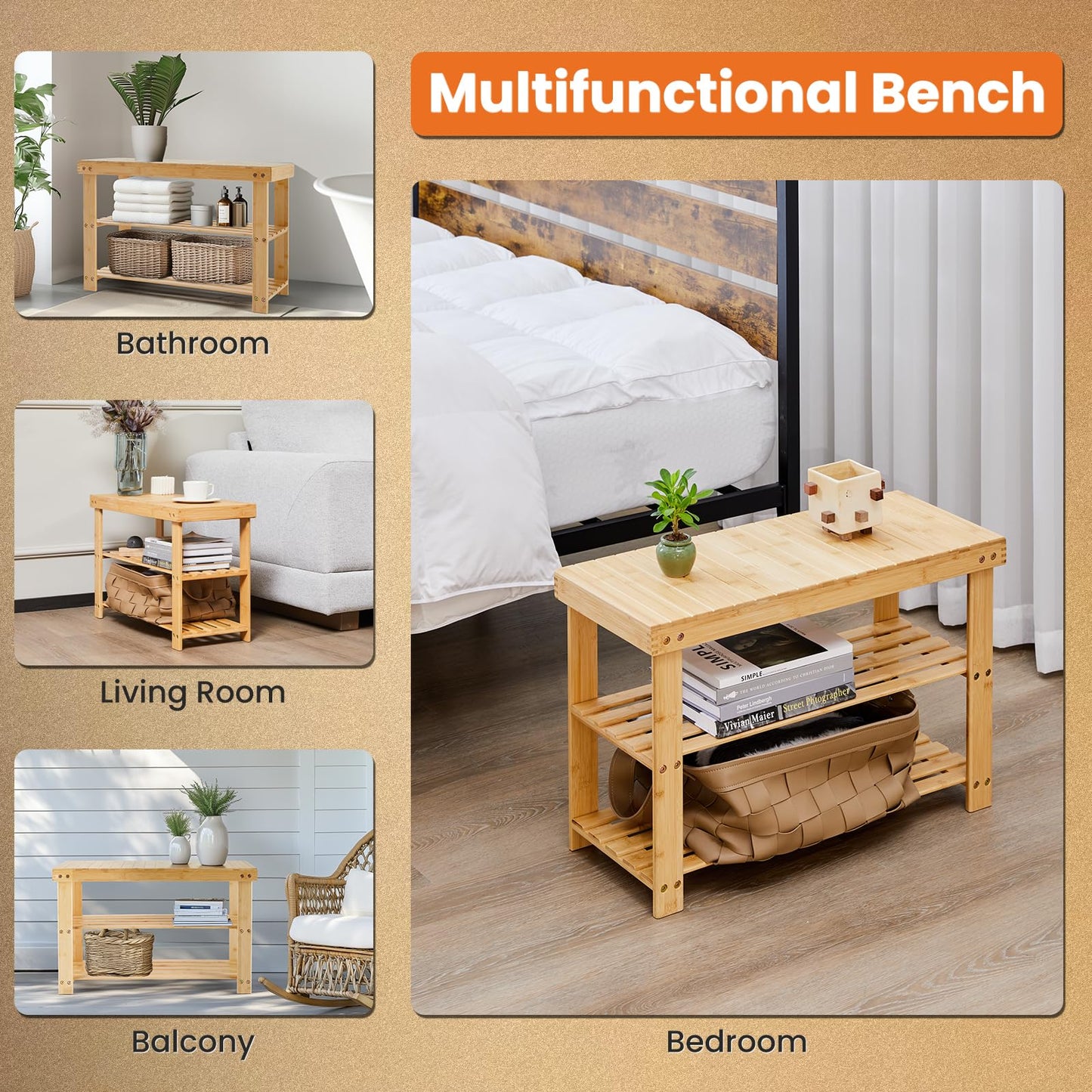 Sweetcrispy 3-Tier Shoe Rack Bench for Entryway, 286lb Capacity, Wood