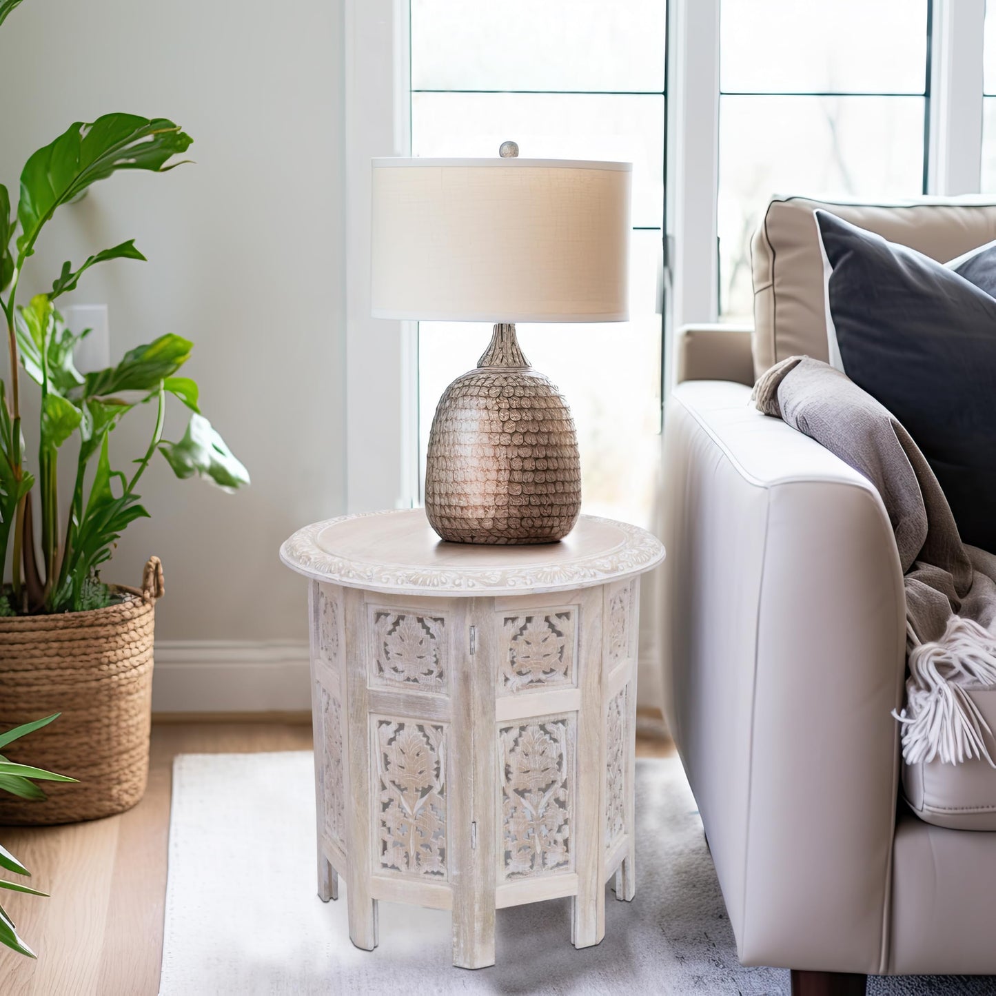 COTTON CRAFT Solid Wood End Table - Hand Carved Vintage Boho Folding Accent Side Table - Small Spaces - Entryway Farmhouse Living Room Bedside - No Tools Assembly - 18x18 Round - White Wash