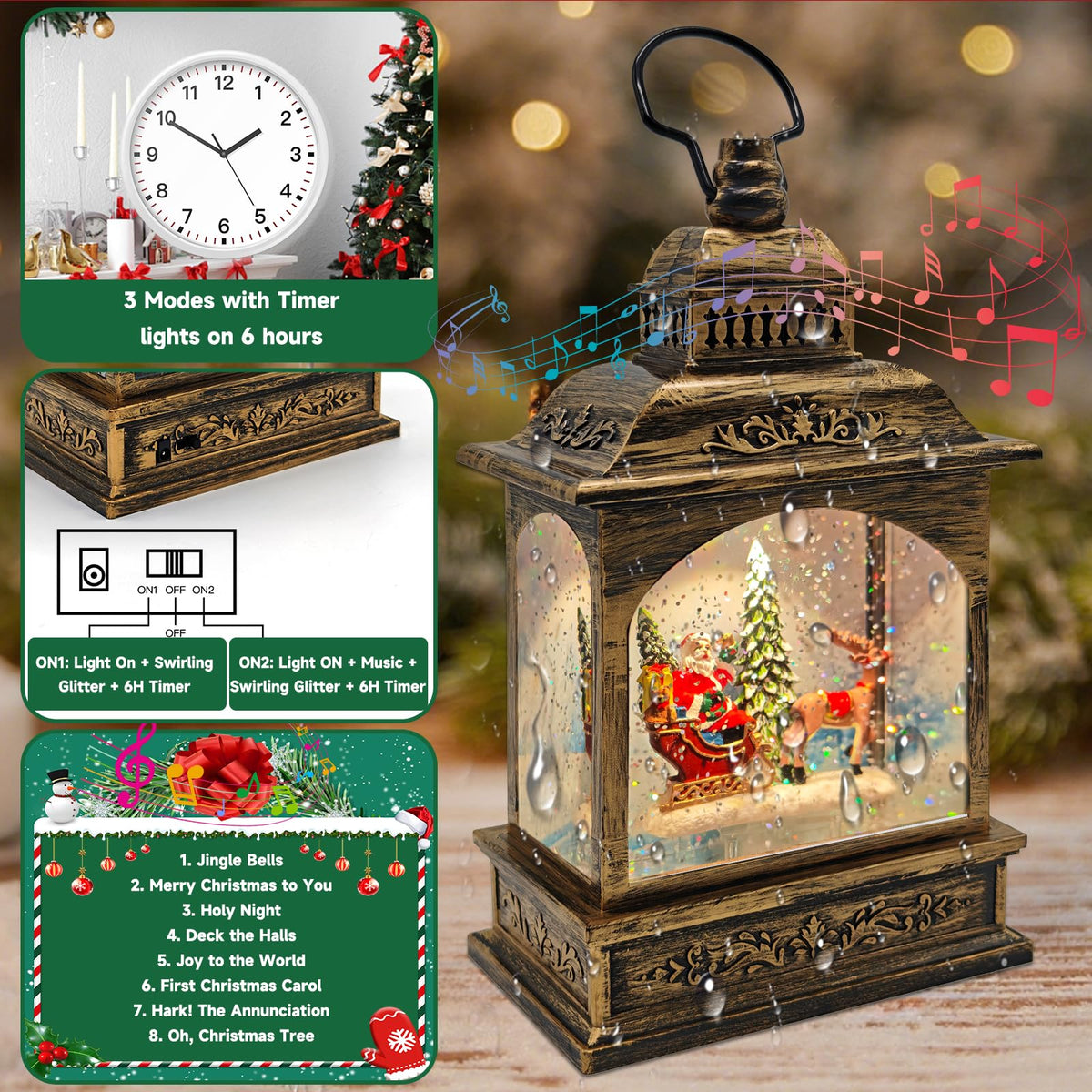 Christmas Snow Globes Lantern Lighted Water Glittering,with Santa Claus Projection/6H Timer/Music,Christmas Decorations Indoor-USB/Battery Operated-Gifts for Kids Adults-with Snow Scene Background