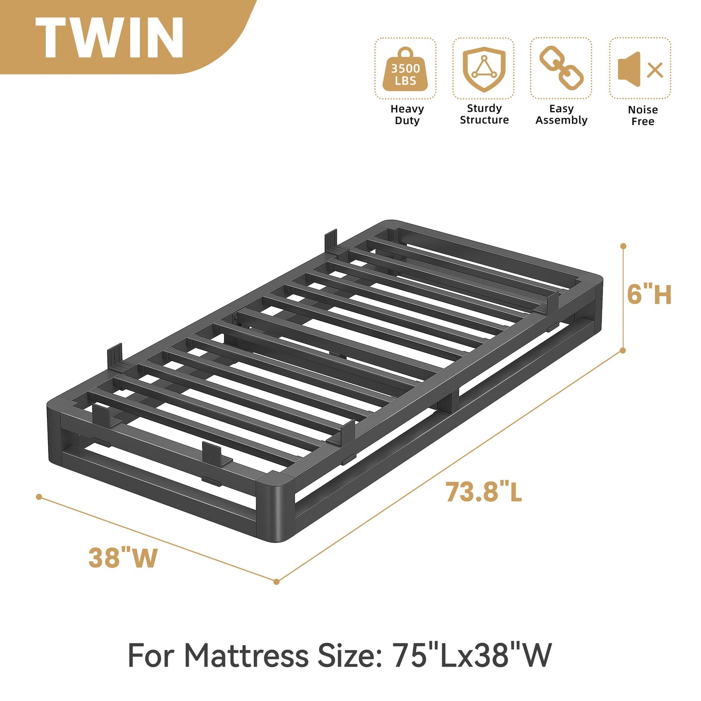 Cresyfu 6 Inch Twin Bed Frames with Rounded Corner and Squeak Free U-Slot Design, Metal Platform Bed Frames 6 Non-Slip Guards, 3500lbs Heavy Duty Steel Slat Support, No Box Spring Needed, Black