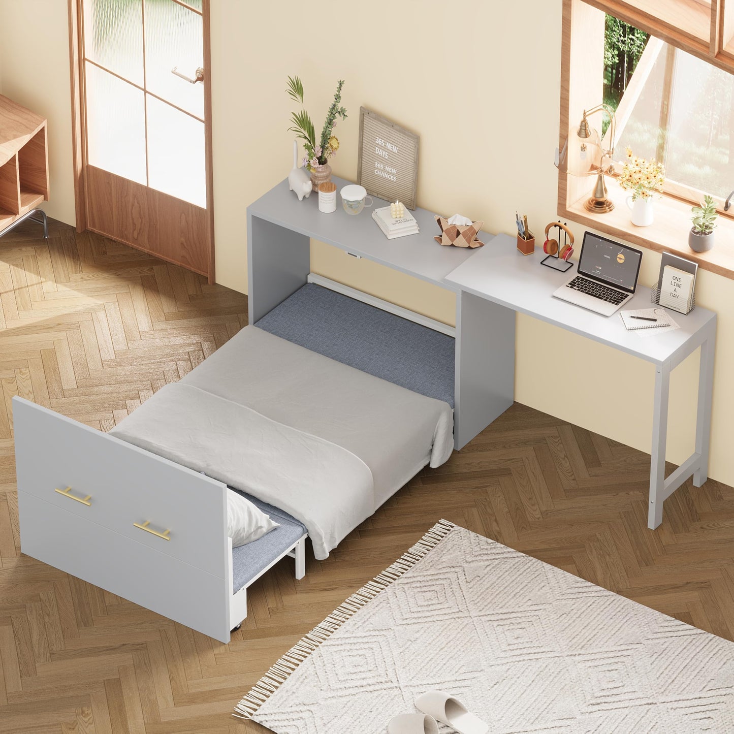 Twin Size Murphy Bed Cabinet - Multifunctional Bed with Adjustable Position Desk and Upholstered Folded Bed, Space Saving Beds with Wheels and Metal Handles, Hidden Beds for Small Spaces (Grey)
