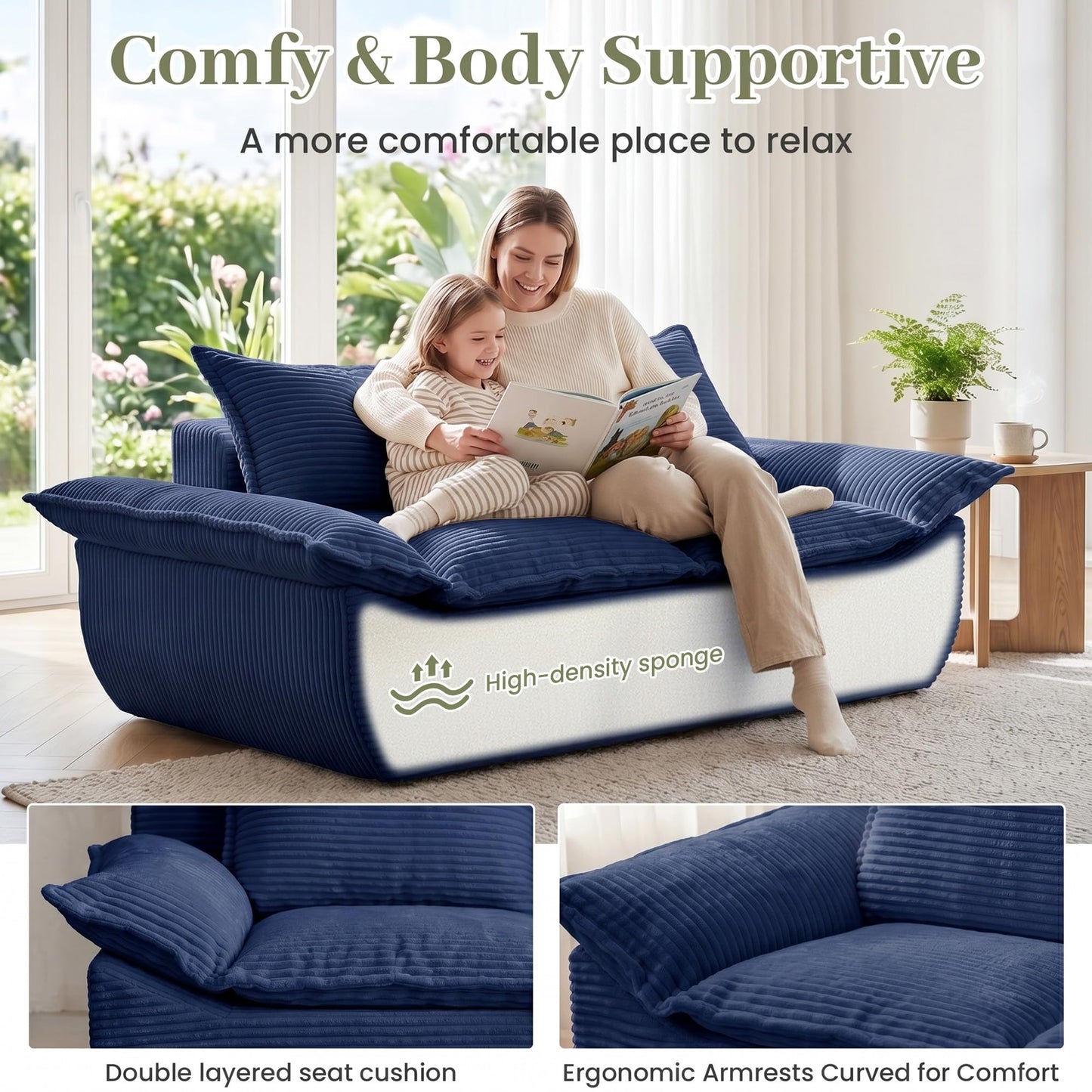 JUIKURY 55" Convertible Corduroy Sofa Bed, Boneless Foldable Loveseat Sleeper Couch, Compressed Foam Floor Sofa with Removable Cushions & Pillows for Small Space Living Room