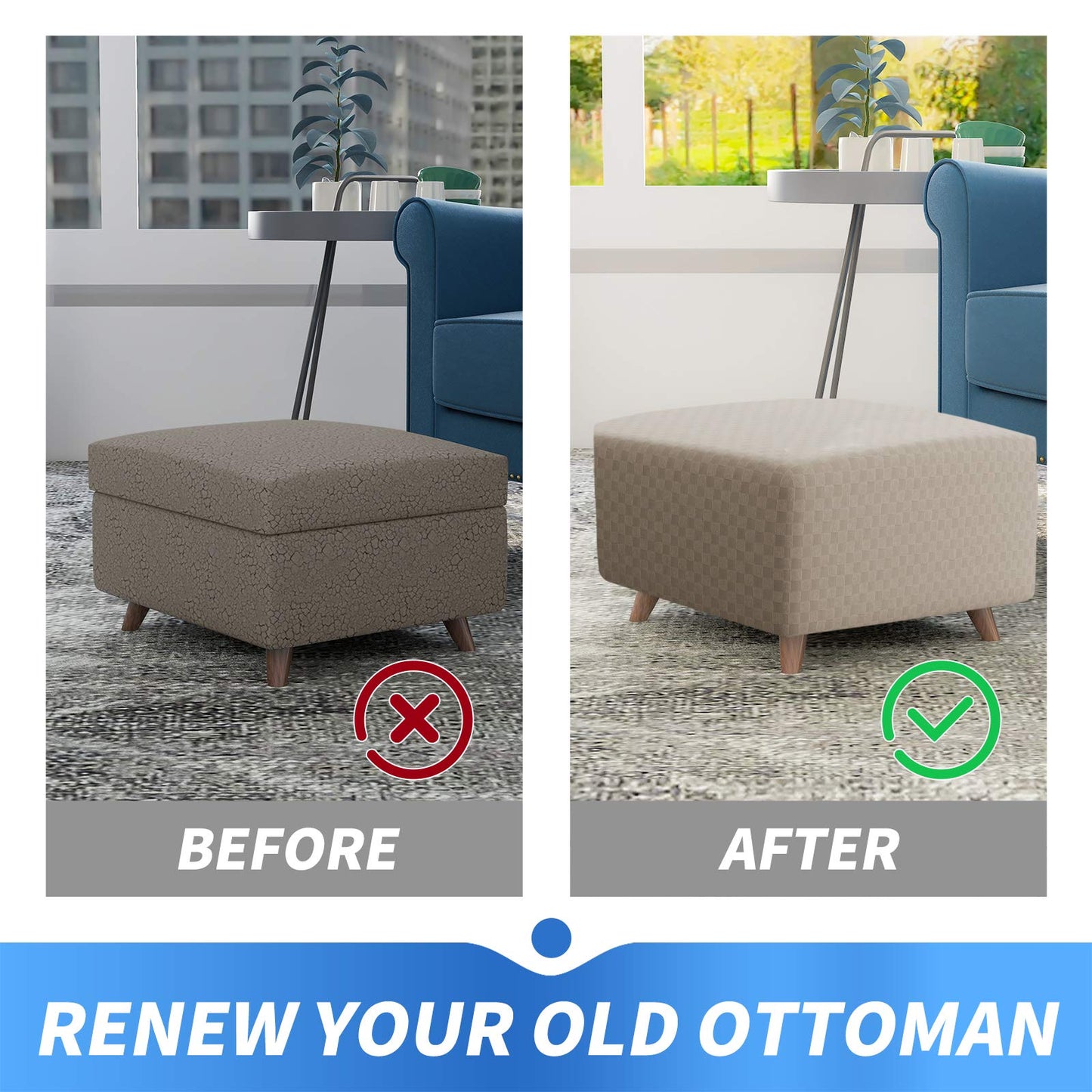 MAXIJIN Jacquard Ottoman Cover Slipcovers Folding Storage Stool Furniture Protector Cover Soft Thick Rectangle Foot Rest Slipcover with Elastic Bottom (Ottoman X-Large, Khaki)