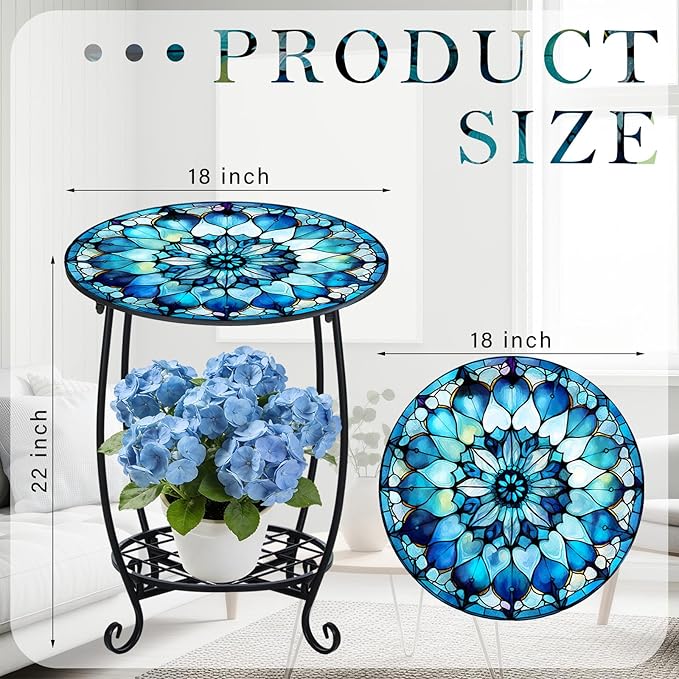 Cinnvoice Outdoor Side Table Round Small Mosaic Patio Accent Indoor End Plant