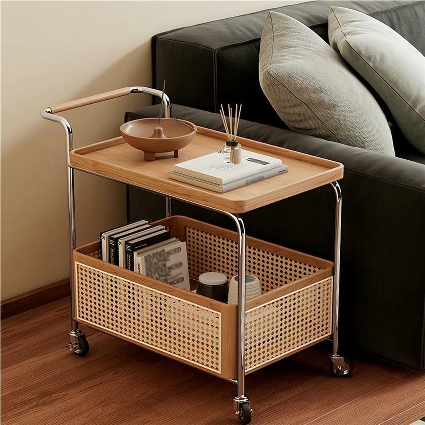 MNJVCFDS Rattan Side Table with Wheels Rolling 2-Layer Coffee Table Storage End Table Rattan Basket Wood Frame for Living Room Bedroom Long Lasting