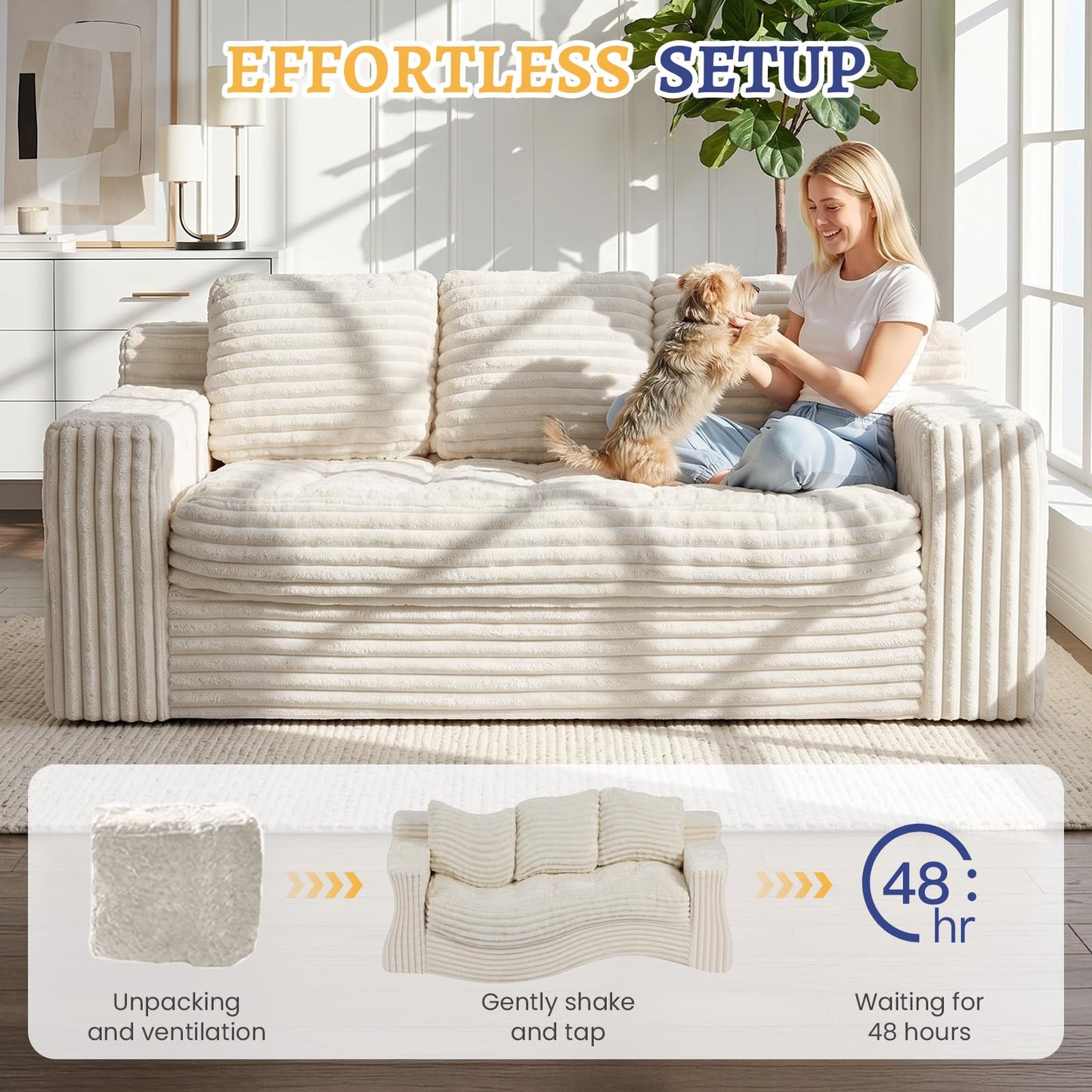 NLDD Boneless Couch, Cloud Loveseat Sofa Corduroy Couch in a Box, Upholstered Boneless 3 Seater Couch for Living Room Bedroom Office Apartment, No Assembly Required, Beige