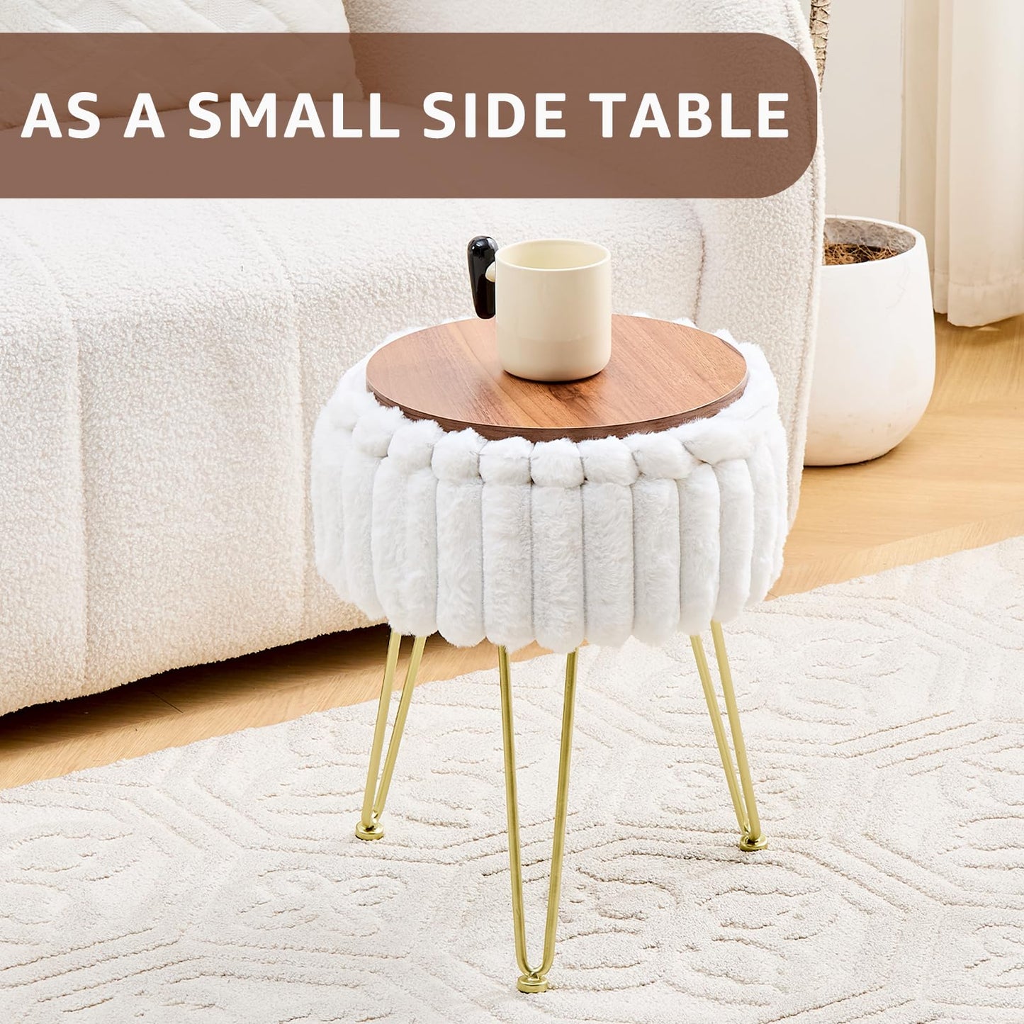 Wimarsbon Vanity Stool with Storage, Faux Fur Ottoman Chair with Metal Legs, Round Makeup Vanity Chair for Bedroom or Dressing Table, Modern Small Ottoman Seat (White)