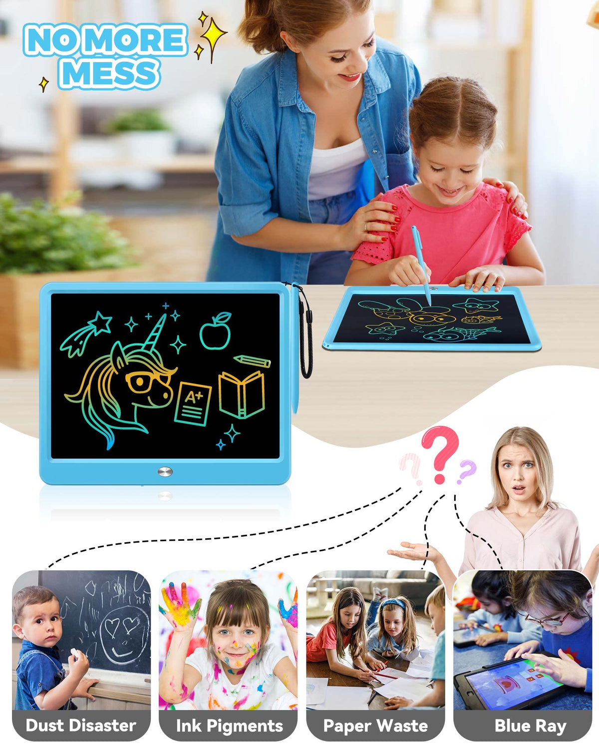 KOKODI 12 Inch LCD Writing Tablet with Anti-Lost Stylus, Erasable Doodle Board Colorful Toddler Drawing Pad, Car Travel School Games Toys for 3 4 5 6 7 8 Kids, Birthday Gift for Girls Boys Adults Blue