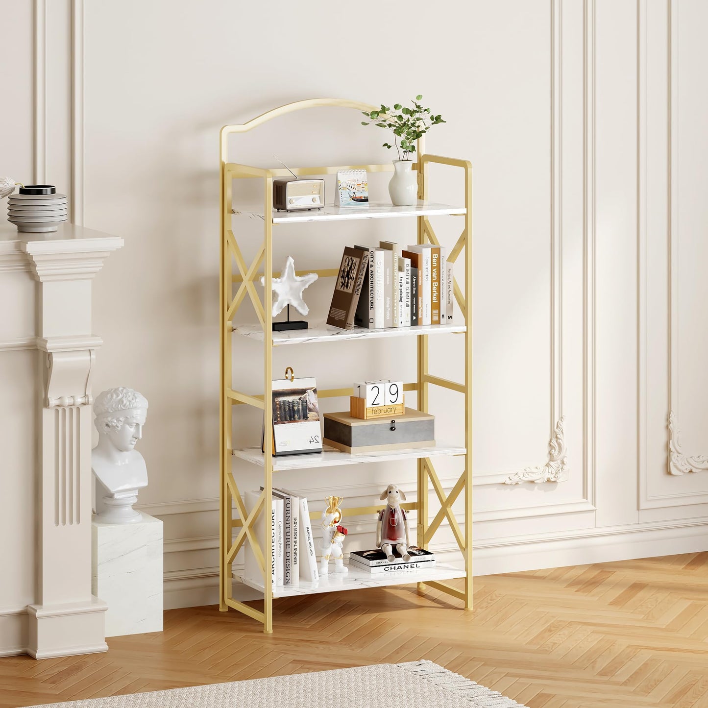 BHG Vintage Multifunctional Folding Bookshelf, No-Assembly Plant Stand Storage Rack Shelves for Home Office