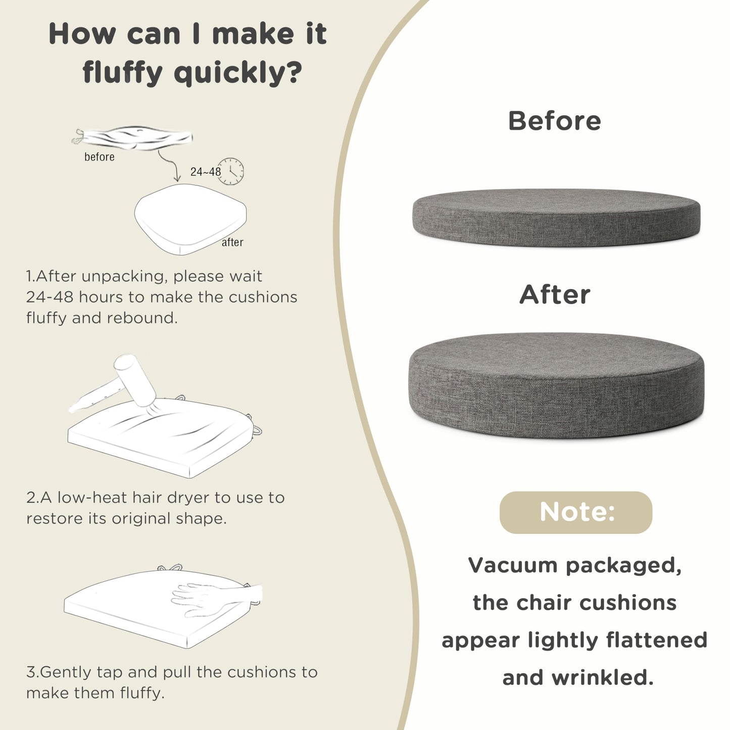 AddGrace 2.5" Thick Non Slip Round Chair Pad 1 Pack, 16" Round Chair Cushion with Machine-Washable Cover and Long Zipper, Seat Cushions for Kitchen, Office, Floor and 16" Ottoman, Light Grey