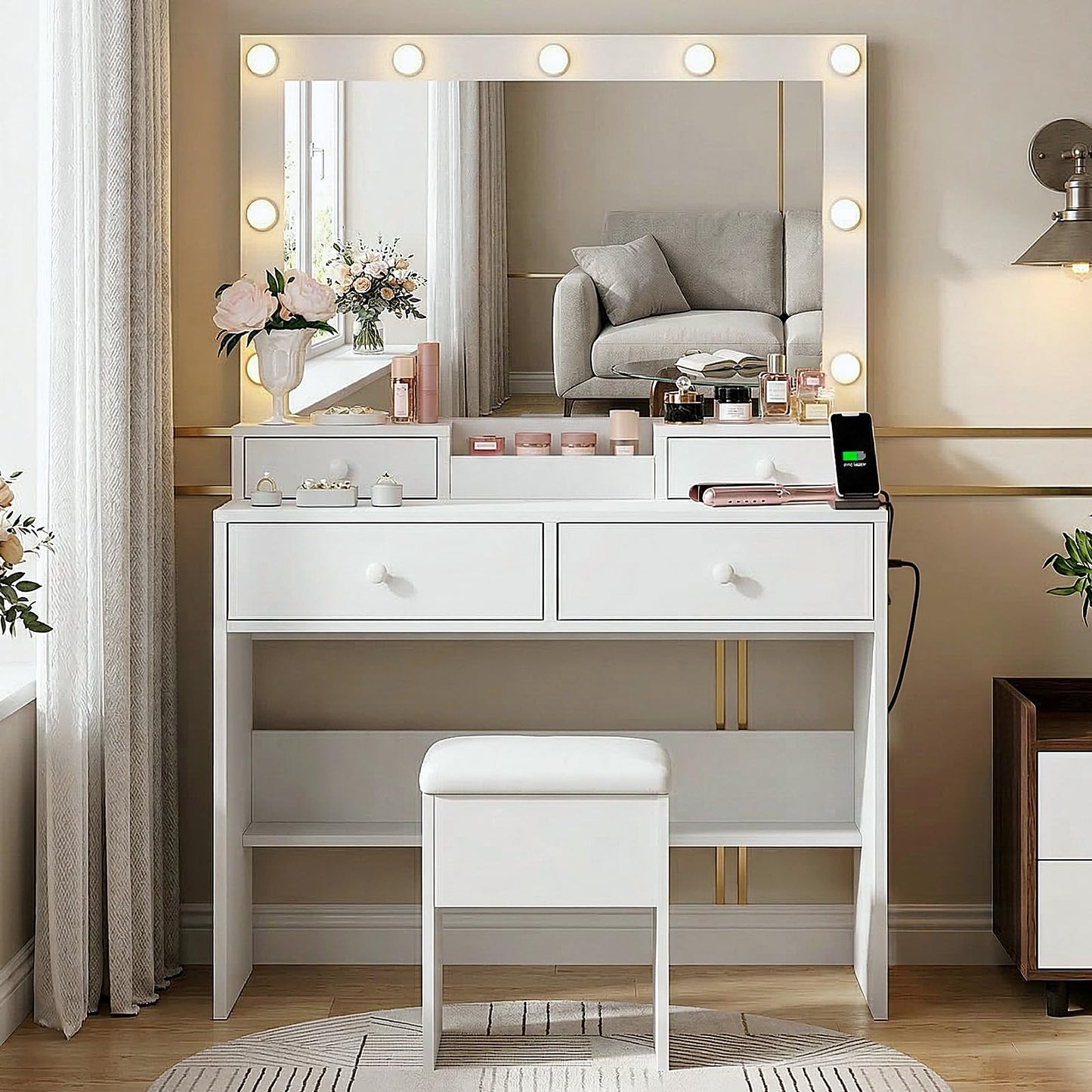 Haewon Vanity Desk with LED Lighted Mirror and Power Outlet, Makeup Vanity Table with 3 Lighting Modes, Vanity Desk Set with 4 Drawers and Storage Chair for Bedroom, White