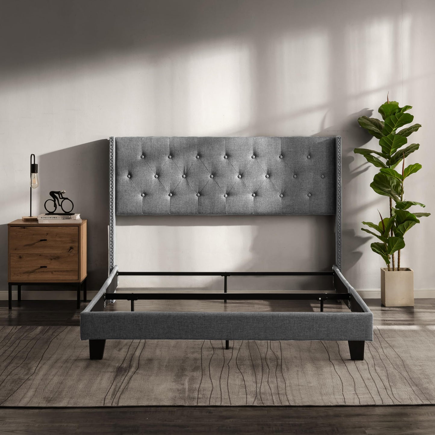 Hearth & Harbor Queen Bed Frame with Headboard Wingback – Linen Platform Bed Frame Queen Size, Button-Tufted Upholstered Bed Frame Queen, Modern Bedframe, Box Spring Required, Silver