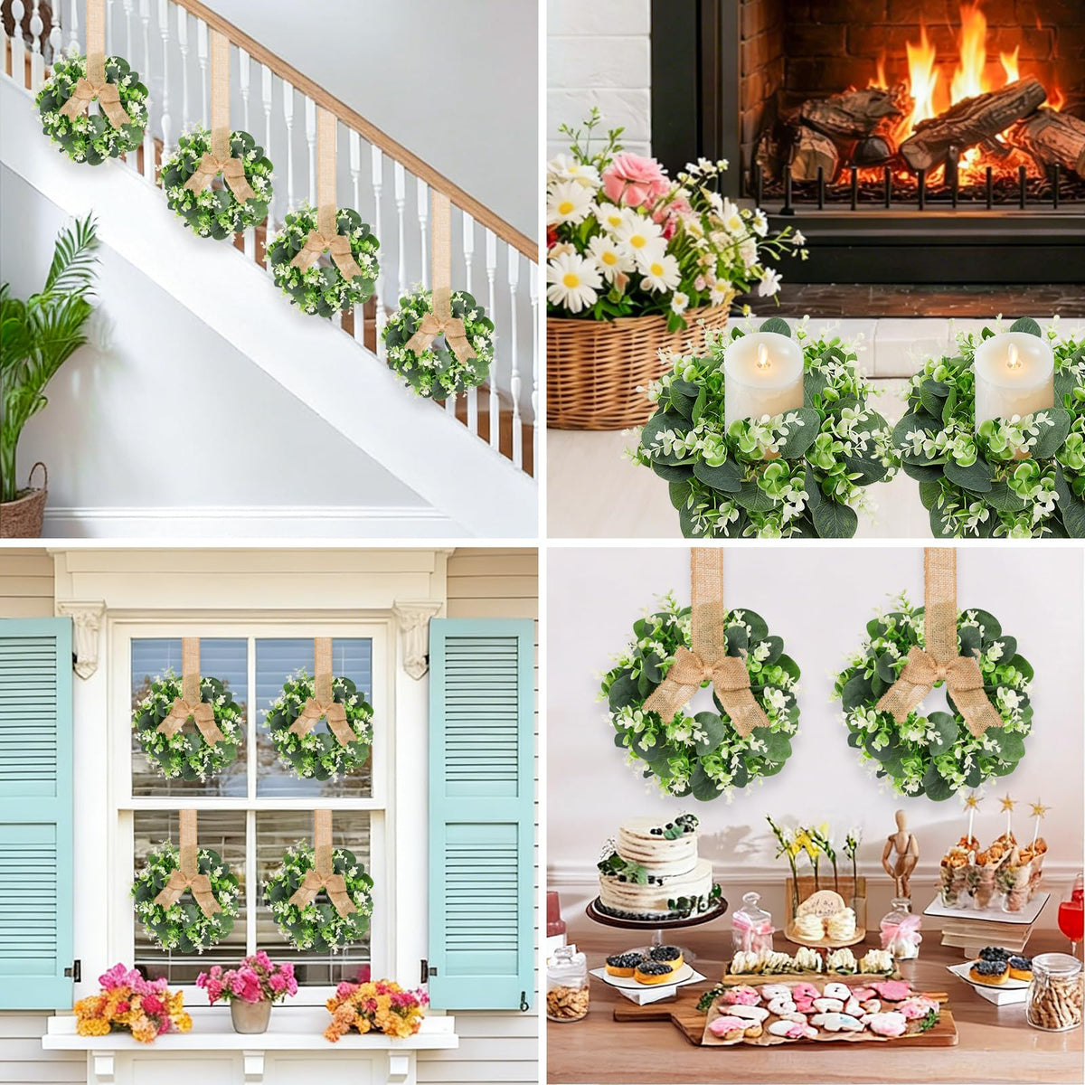 10PCS Eucalyptus Candle Rings Wreaths, Artificial Greenery Faux Kitchen Cabinet Wreath,Spring Wreath with Burlap Ribbon, Pillar Candle Holder Wreath for Porch Wall Window Farmhouse Wall Home Decor