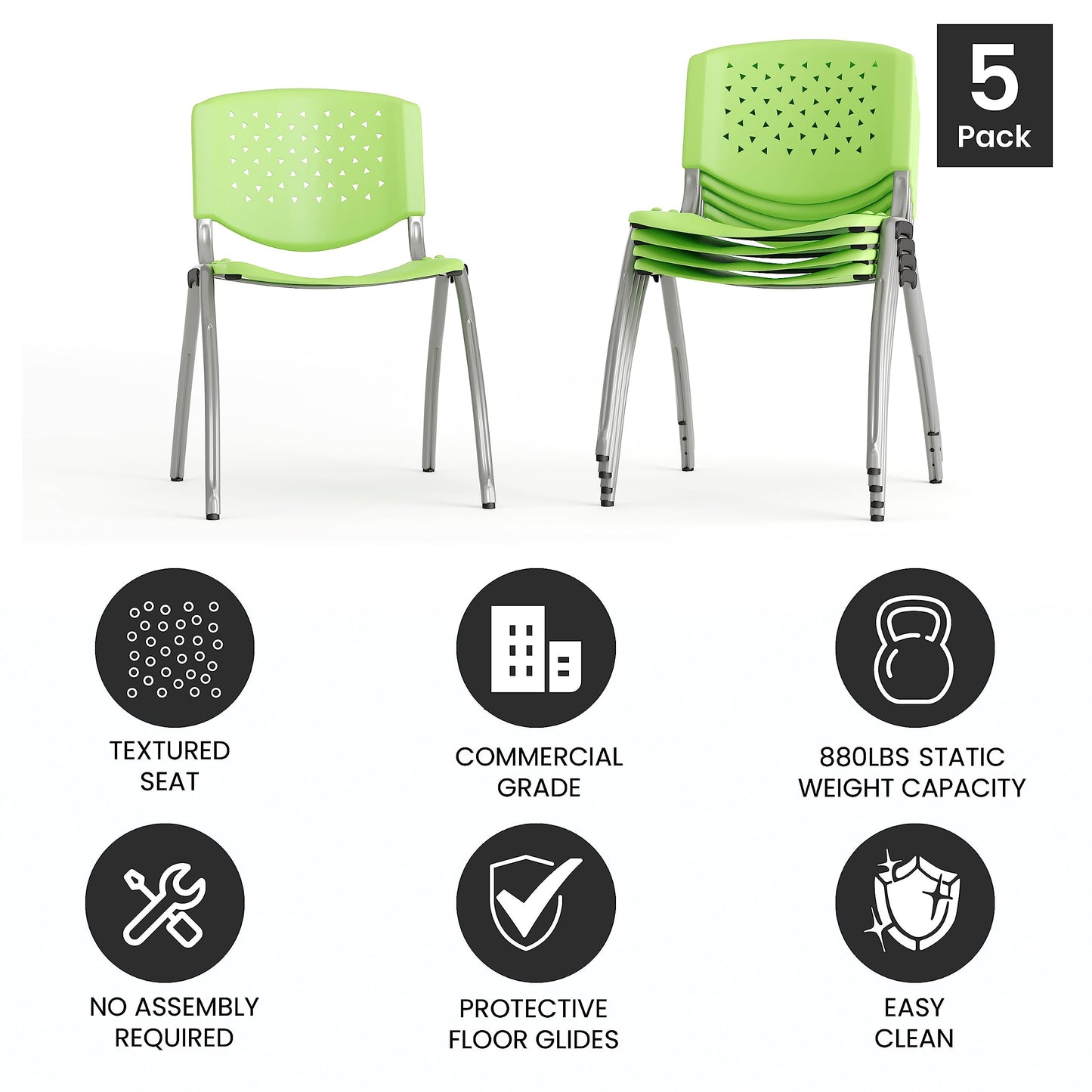 Flash Furniture HERCULES -5 Pack 880 lb. Capacity Green Plastic Stack Chair | Comfortable Seating with Durable Design
