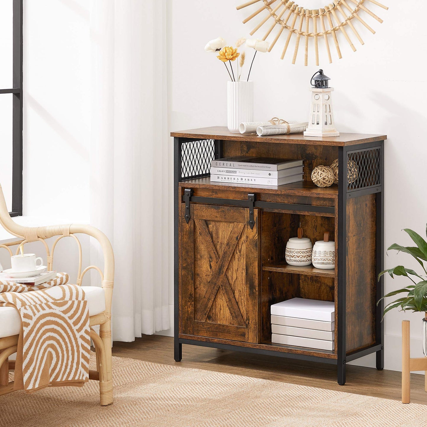 VASAGLE Buffet Cabinet, Coffee Bar Storage Cabinet, Sideboard with 1 Sliding Barn Door, Adjustable Shelves, 11.8 x 27.6 x 31.5 Inches, for Living Room, Rustic Brown and Ink Black ULSC089B01