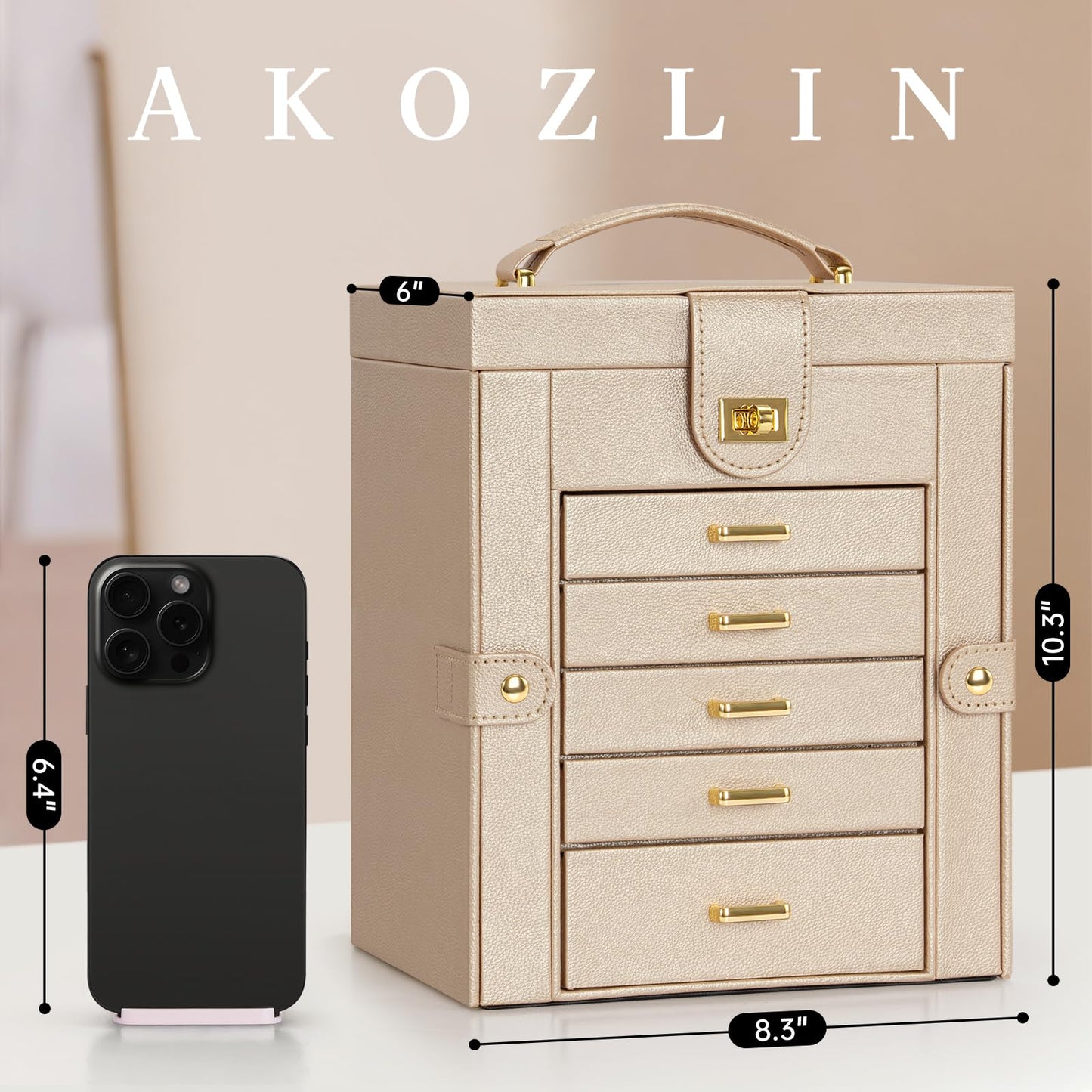 AKOZLIN 6-Tier Jewelry Box Organizer Functional 5 Drawers Leather Jewelry Storage Case for Women Girls Ring Necklace Earring Bracelet Holder Organizer with Mirror Champagne Regular