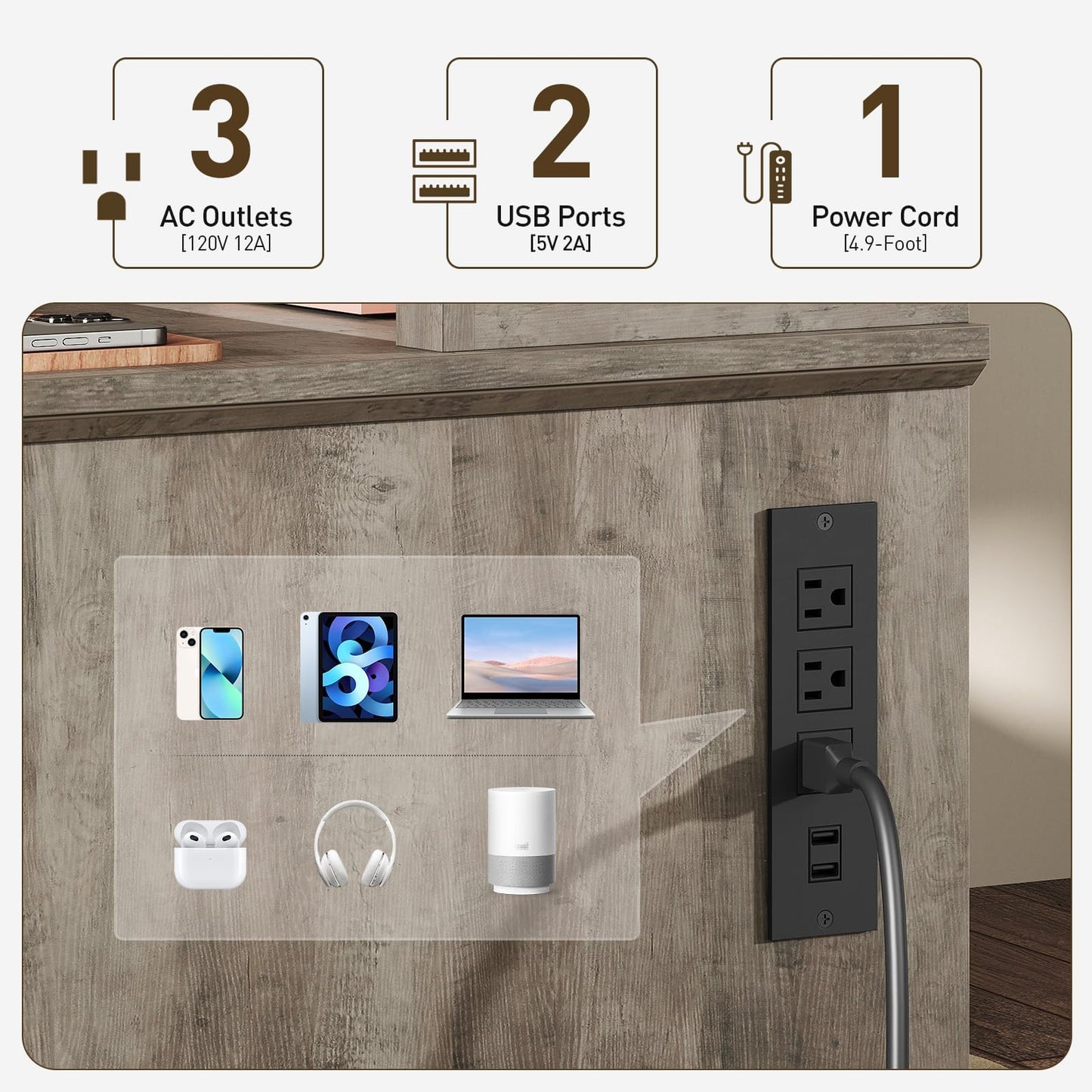 RALGEND 55'' Farmhouse Executive Desk with Drawers, Home Office Desk with File Cabinet and Storage Shelf, Charging Station, Computer Desk with Monitor Stand, Writing Gaming Desk, Greige