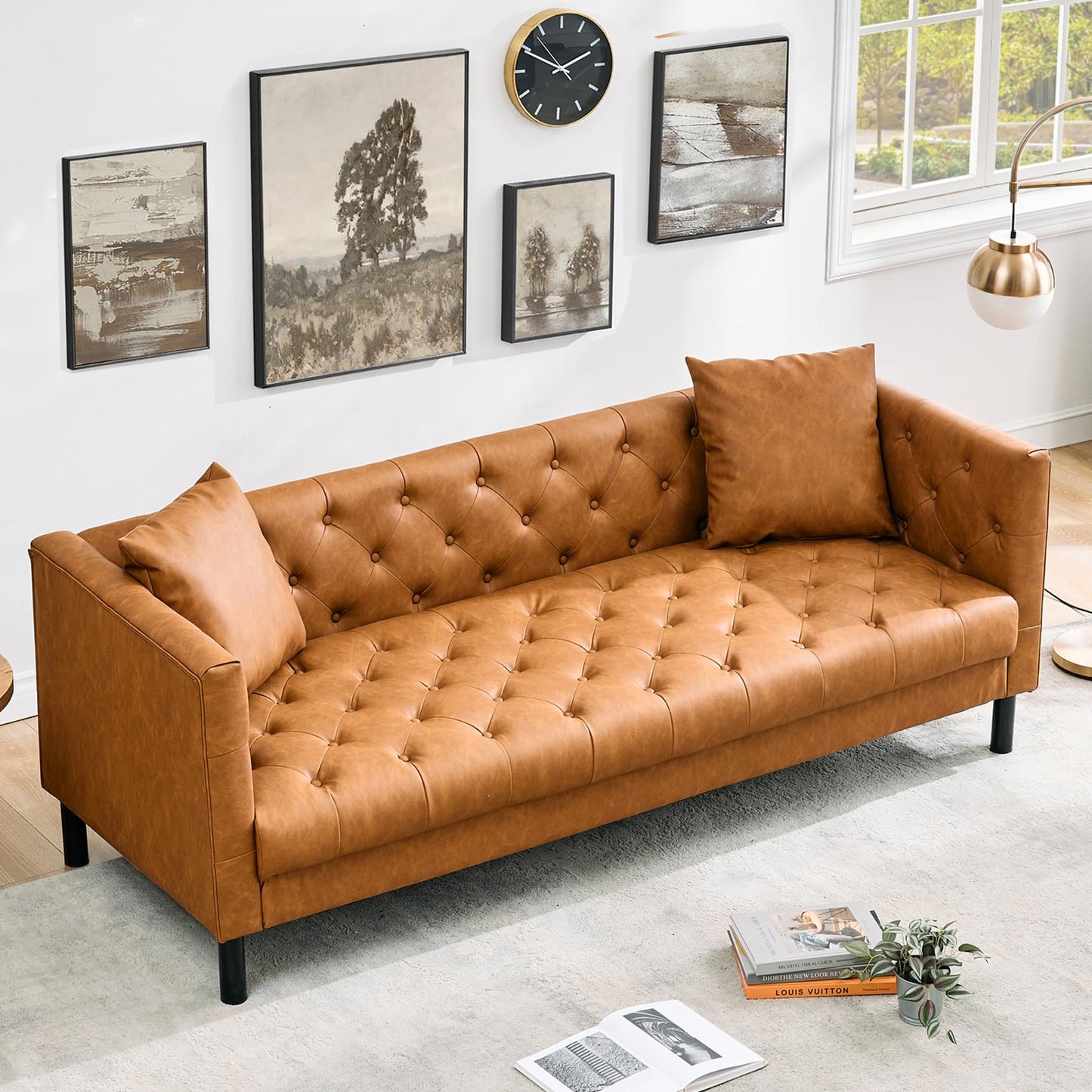 GarveeLife 81" Mid Century Modern Leather Sofa, 3 Seater Chesterfield Couch with Button Tufted Back & Deep Seat, Living Room Sofa for Apartment or Office, Orange