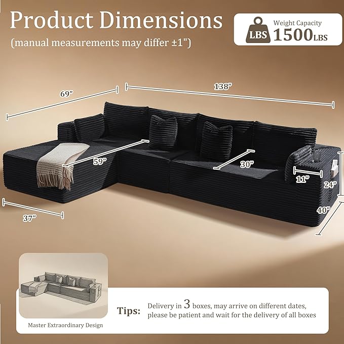 138" Oversized Cloud Sectional Couch, Comfort L Shaped Boneless Couch