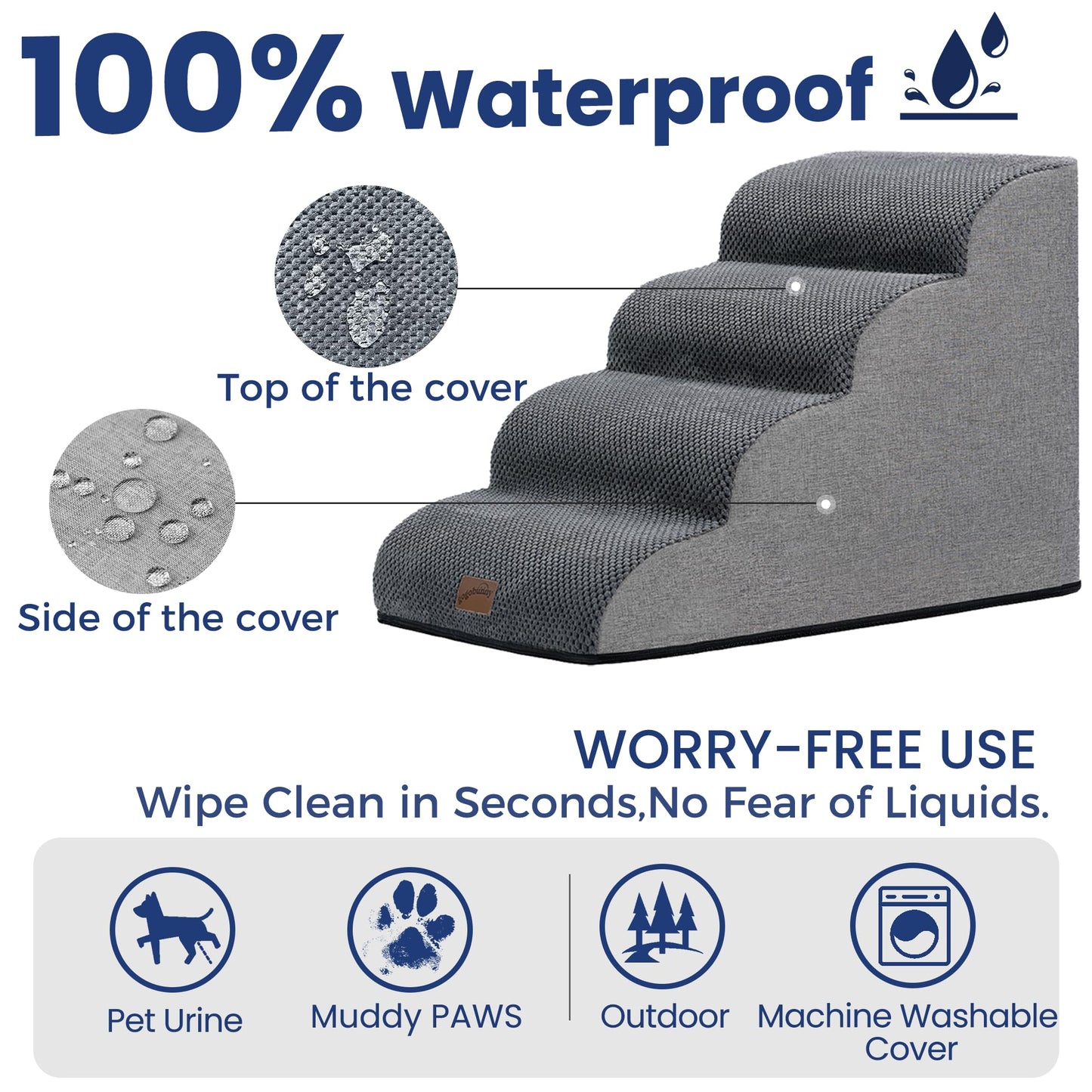 GoGoBunny Waterproof High Density Foam Curved Dog Stairs for High Beds Couches 19.7" H, 4-Step Ramp Dog Steps Friendly to Small Medium Dogs or Pets Joints, Non-Slip Balanced Durable Pet Step, Grey