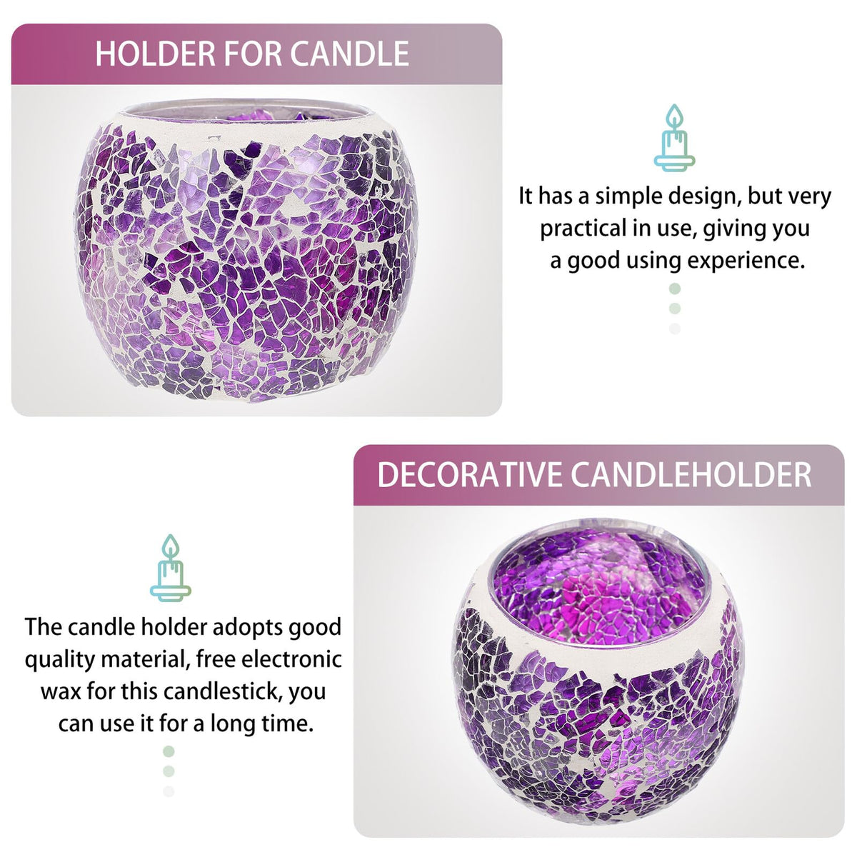 Generic European Style Purple Mosaic Glass Candleholder, Decorative Table Candlestick for Romantic Dinner, Home and Bar Dining Centerpiece