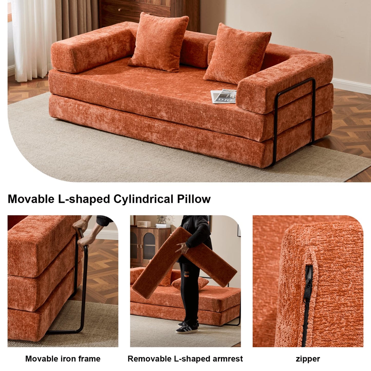 Alpen Futon Sofa Bed Full Size, 4-in-1 Sleeper Sofas with L-Shaped Armrests, Small Sofa Bed Couch for Small Spaces Loveseat Sleeper for Living Room Bedroom, Chenille, Orange