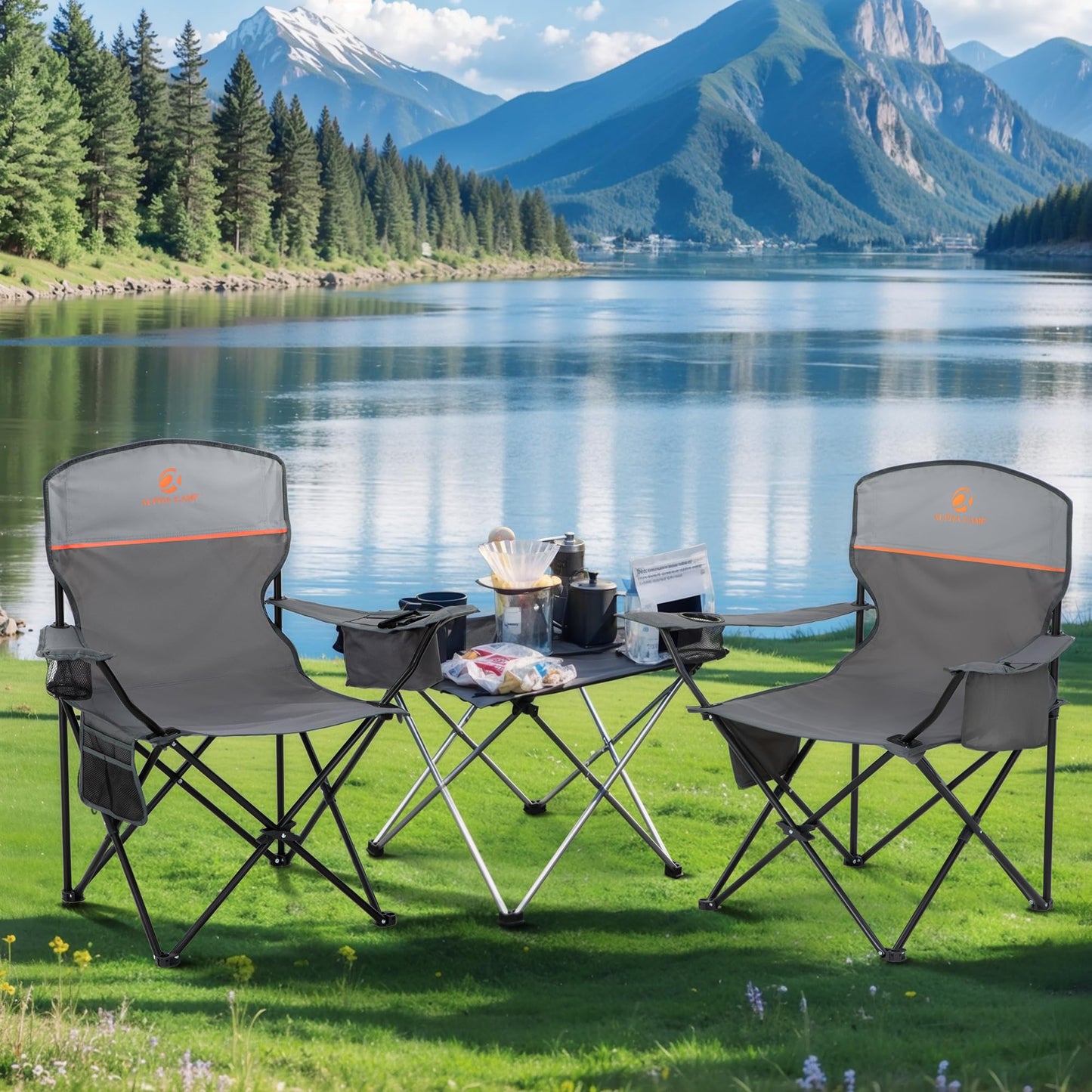 LET'S CAMP Camping Chair 2 Pack Folding Chair with 4-Can Cooler Bag Portable Lawn Chair with Cup Holder,Storage Pocket, Supports 250LBS, Collapsible Chair for Camp, Beach, Picnic (Grey)
