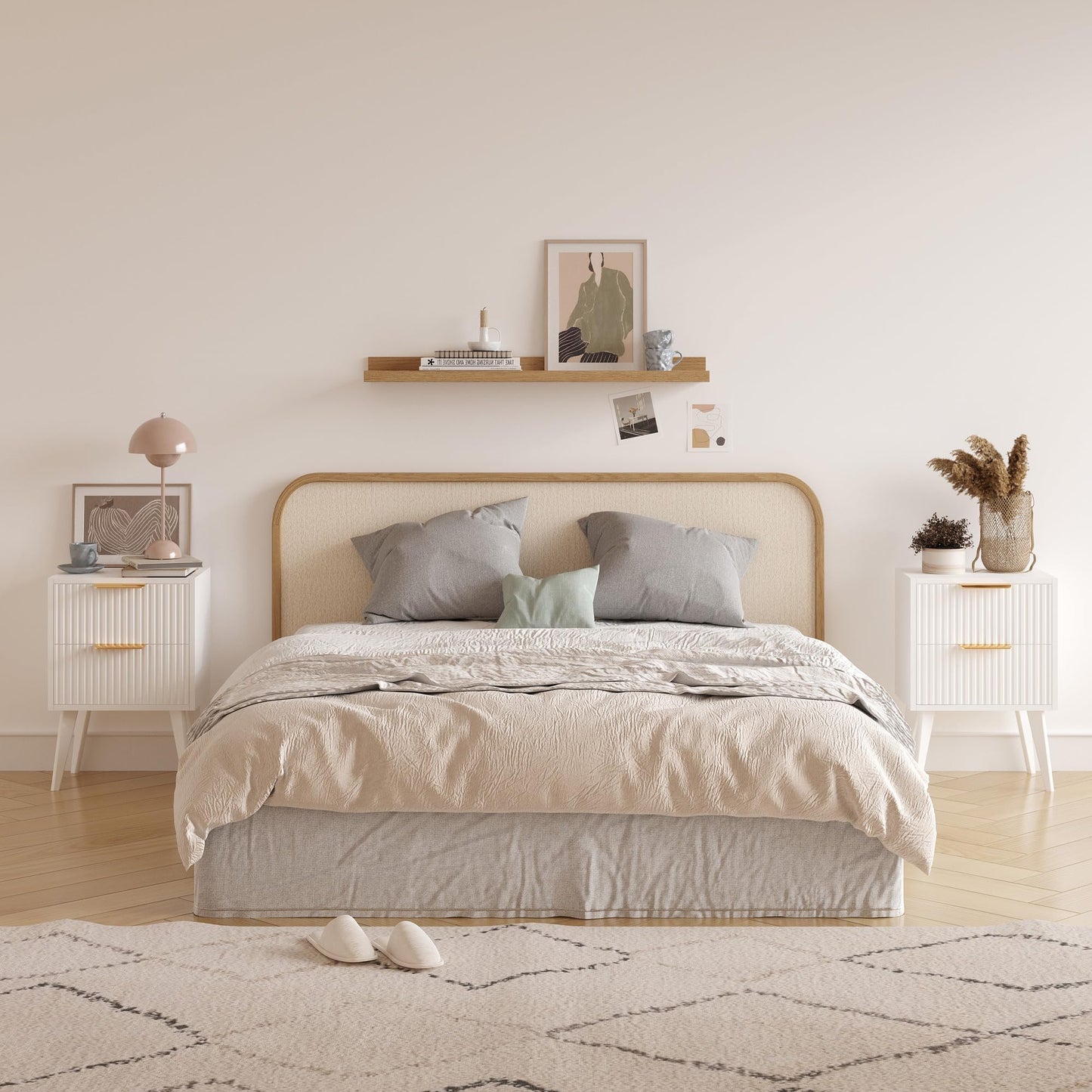 YAUKOMEL Fluted Nightstand with 2 Drawers,Modern Bedside Table with Metal Handles,Side Table with Solid Wood Legs,End Table for Living Room,Bedroom,Small Spcae 11.8" D x 15.7" W x 22.8" H White CTG55W