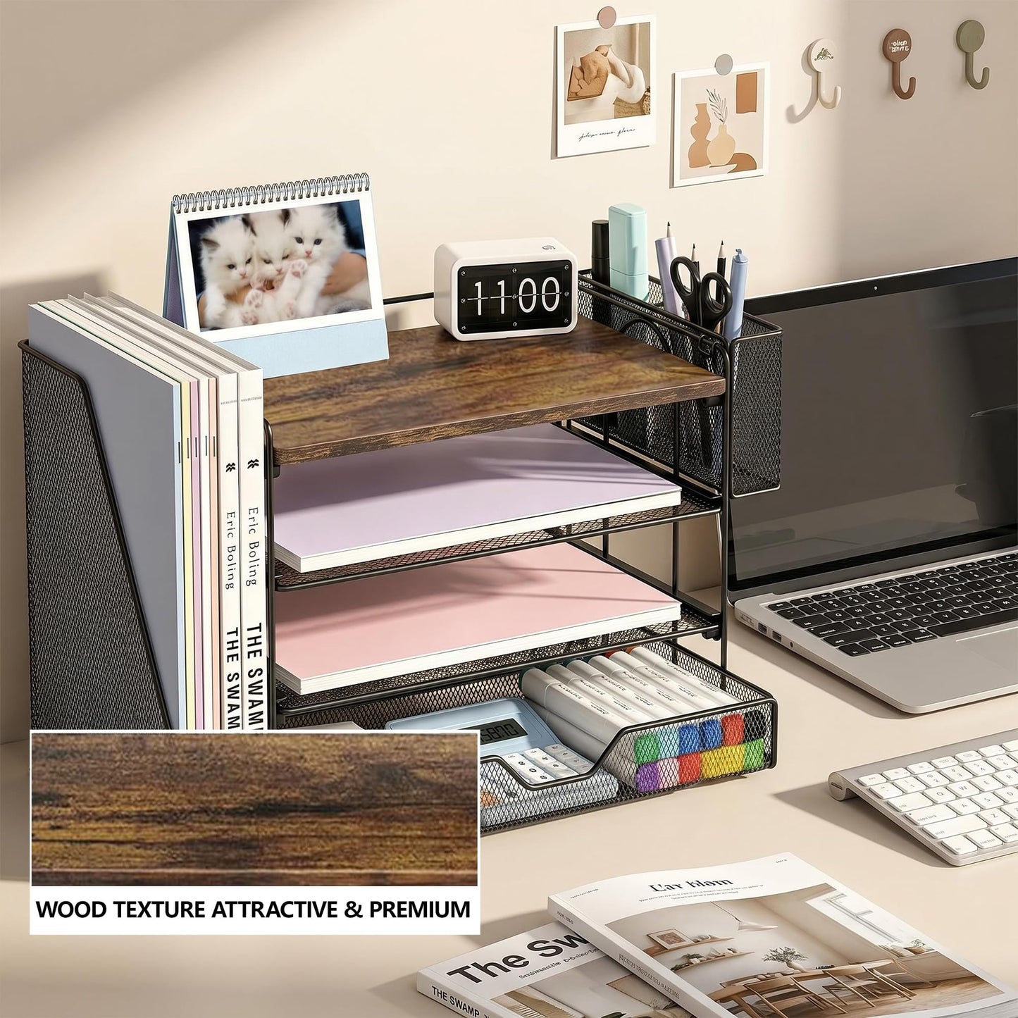 OPNICE Wood Desk Organizers and Accessories, 4-Tier Desktop Paper Letter Tray Organizer with Drawer and Pen Holders, Office Desk Accessories & Workspace Organizers for Home Office Supplies, Brown Wood