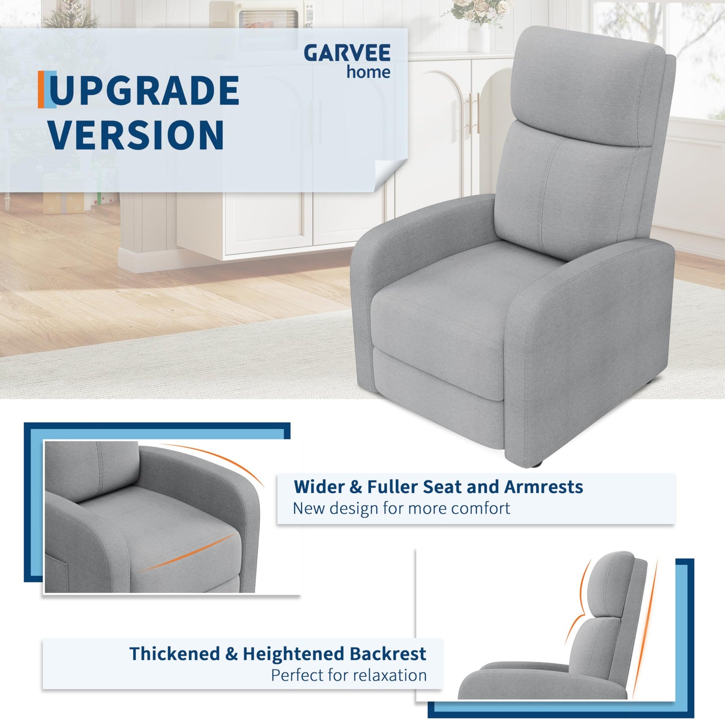 Manual Recliner Chair for Adults, Linen Upholstered Reclining Armchair with High Back & Retractable Footrest, Compact Single Sofa with Side Pocket for Nursery, Bedroom & Living Room, Grey