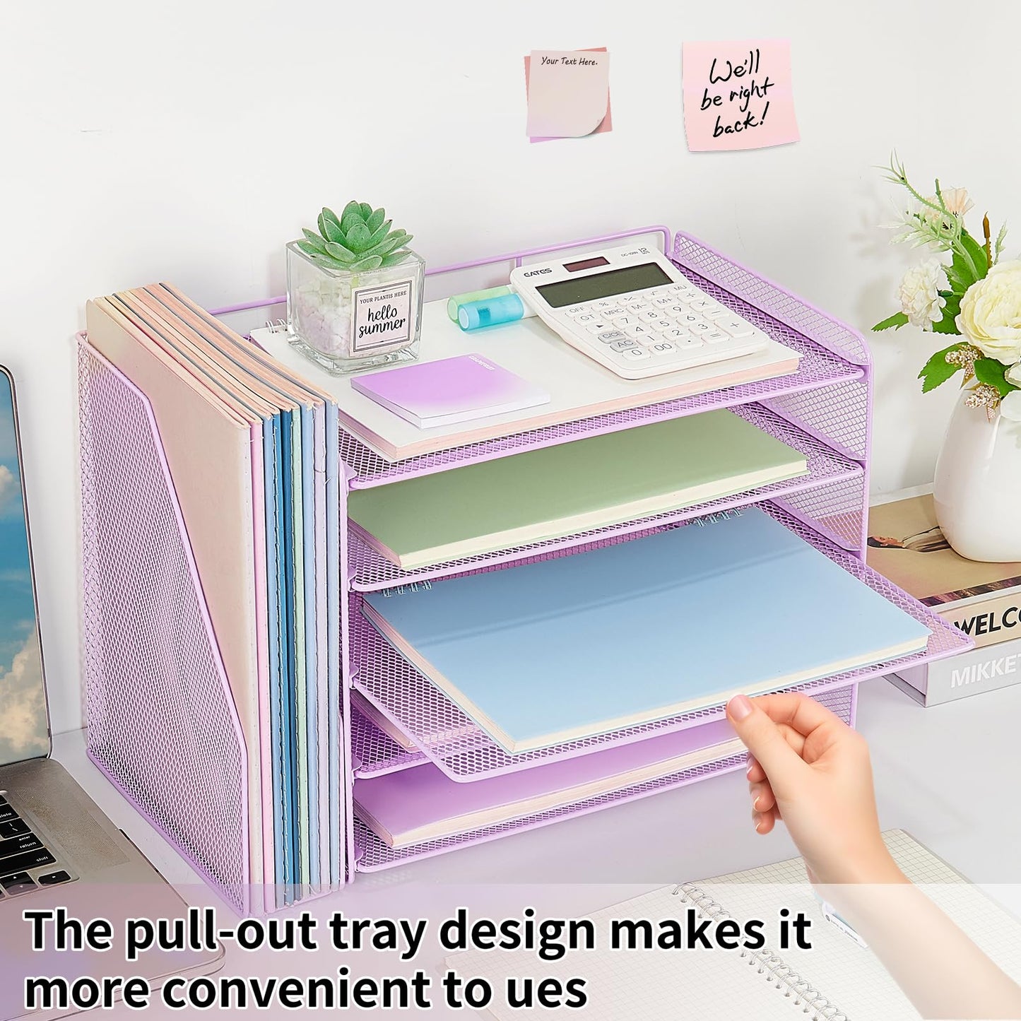 OPNICE Desk Organizer, 5-Tier Paper Organizer Letter Tray with Magazine Holder, Office Desk Accessories & Workspace Organizers, Desktop File Organizer for Office Supplies Storage, Purple
