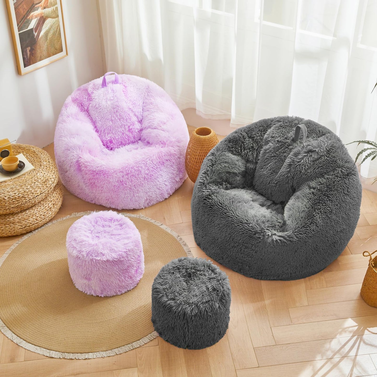 Dark Gray faux fur bean bag chair covers (No Filler), comfy Plush Dark Gray bean bag chair Cover for bedroom, stuffed animal Storage, kids adults teens girls bean bag chairs, Anti-Slip
