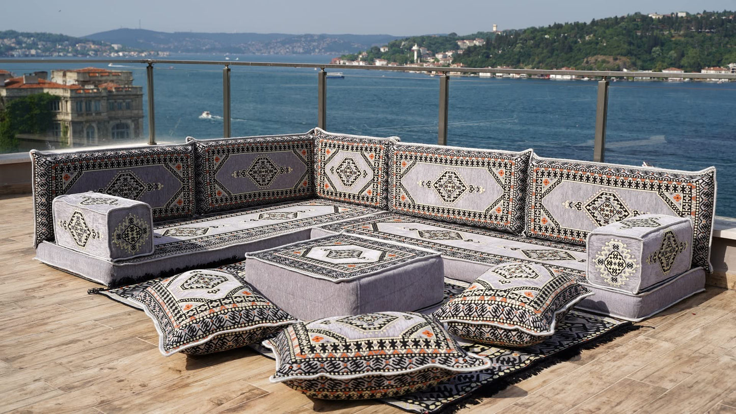 L Shaped Arabic Floor Cushions, Sectional Sofas, Arabic Majlis Set, Custom Made Sofa, Arabic Sofa Set, Seating Cushions (4'' Thickness Sofa, L Sofa Full Set, Gray)