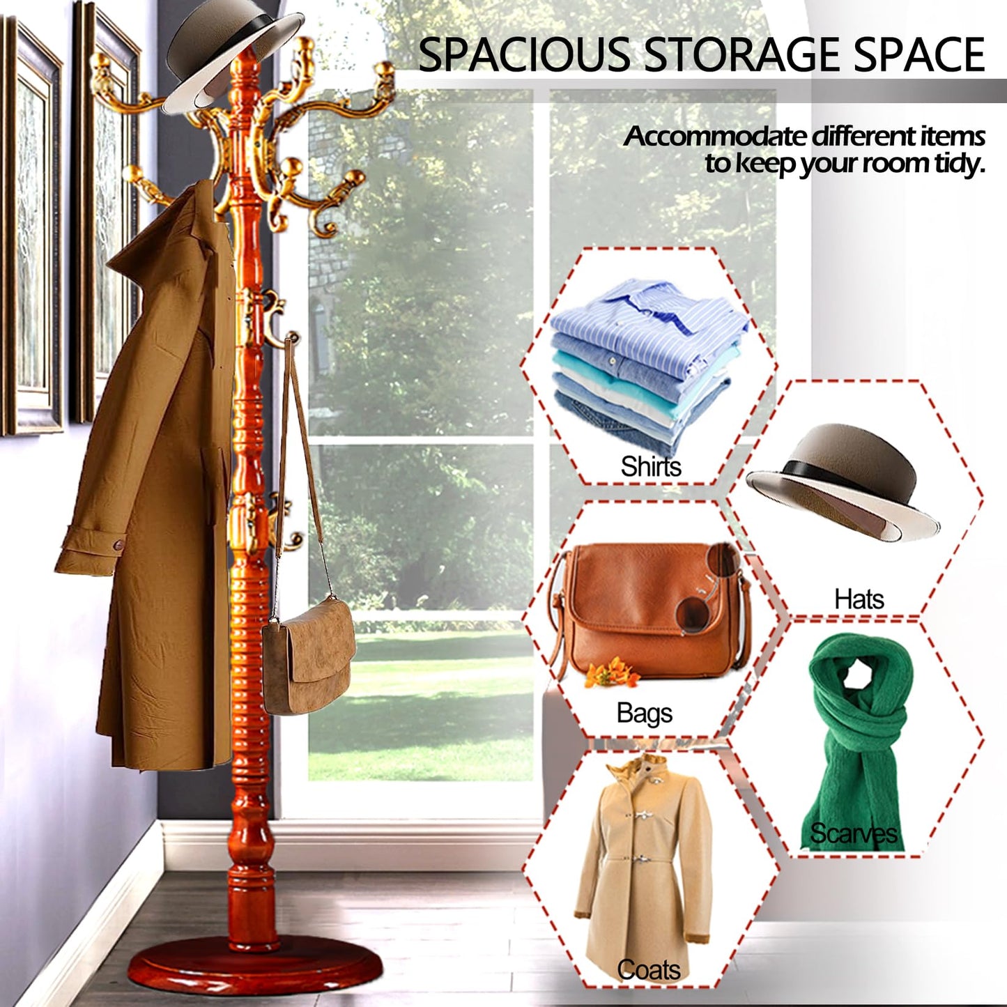 Sauqzoh Coat Racks Free Standing with 14 Hooks, Natural Wood Coat Stands for Entryway, Adjustable Height 73 in Tree Coat Rack Stand for Hallway Home Office Bedroom (Begonia)