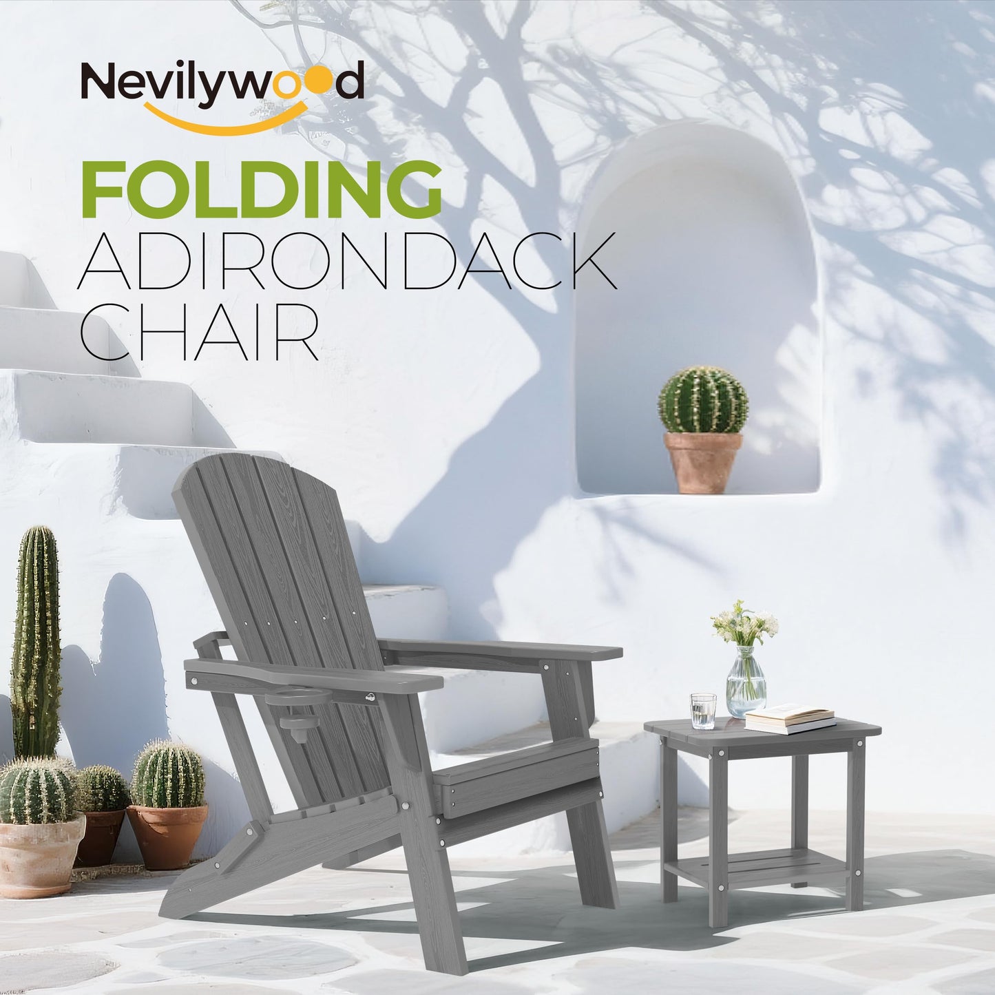 nevilywood Folding Adirondack Chair, Ergonomic, Cup Holder, 380lbs,Grey