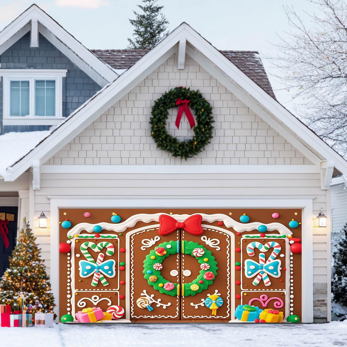 HOMETITUTE Christmas Garage Door Banner 13x6ft Gingerbread House Double Door Cover Candy Cane Backdrop Holiday Party Scene Winter Indoor Outdoor Sweet Wall Hanging Festive Gift Box Season