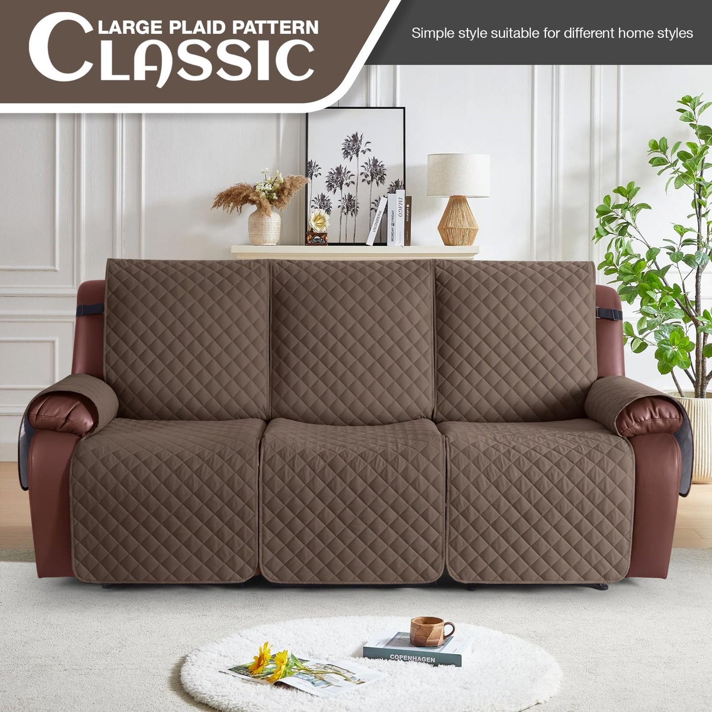 KinCam 100% Waterproof Recliner Couch Covers, Non-Slip Reclining Sofa Covers for 3 Seater, Recliner Couch Cover Furniture Protector with Elastic Straps for Pets, Kids, Brown