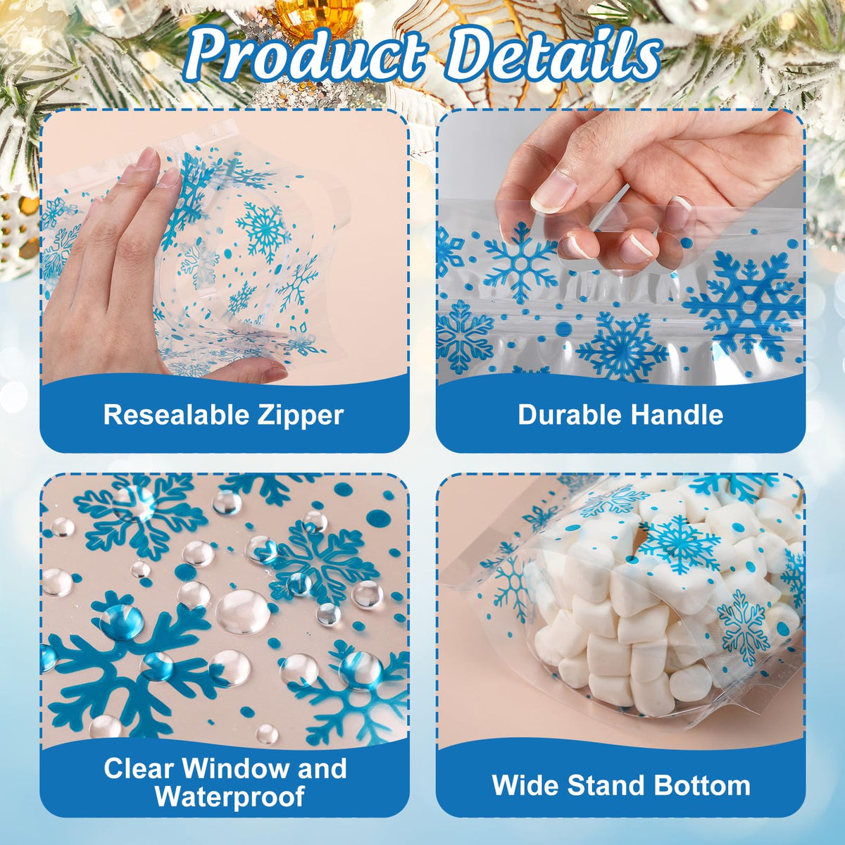 Epakh 100Pcs Christmas Zipper Bags Treat Bag Red Santa Snowflake Clear Christmas Sealing Goodie Bags with Handles Resealable for Winter Holiday Party Candy Cookie Gift Wrapping Supplies(Snowflake)