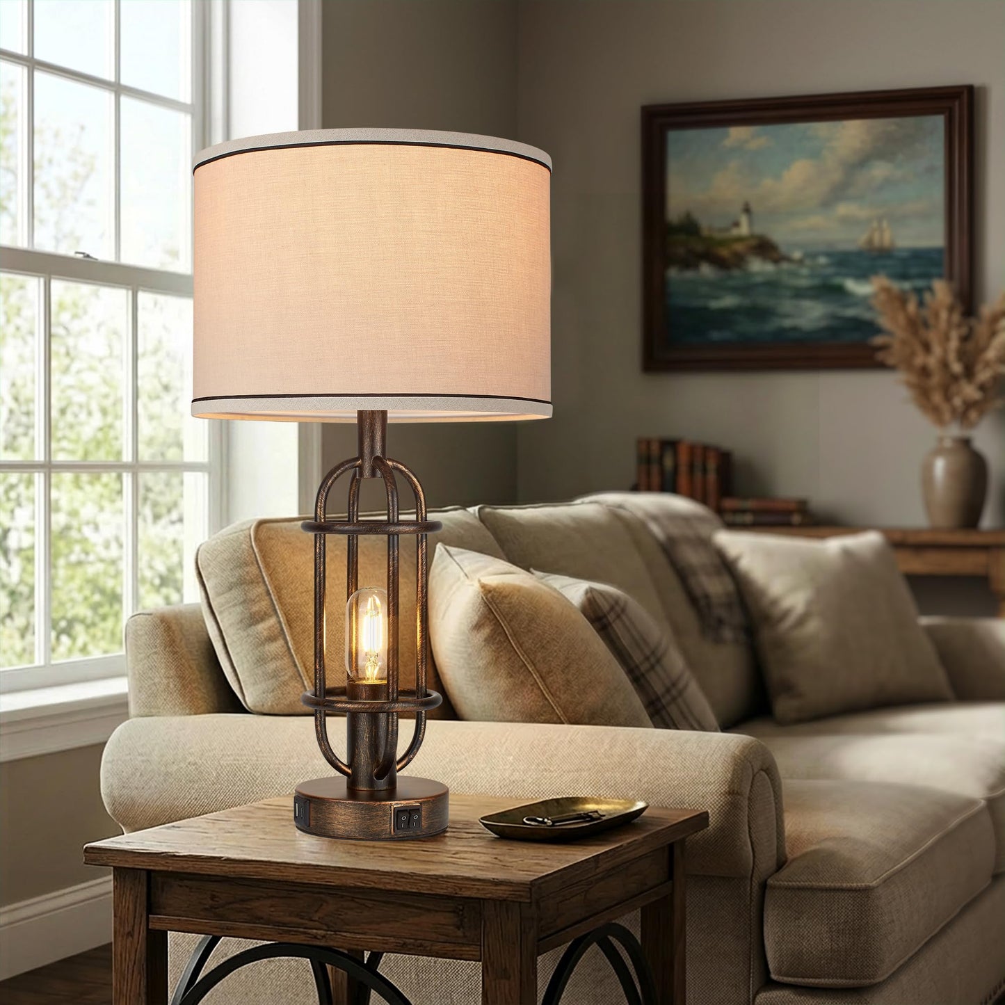 Reaketon Table Lamps for Living Room Set of 2, 22.3" Farmhouse Lamps for Nightstand, Industrial Table Lamps for Bedroom with USB Ports, Retro Bronze