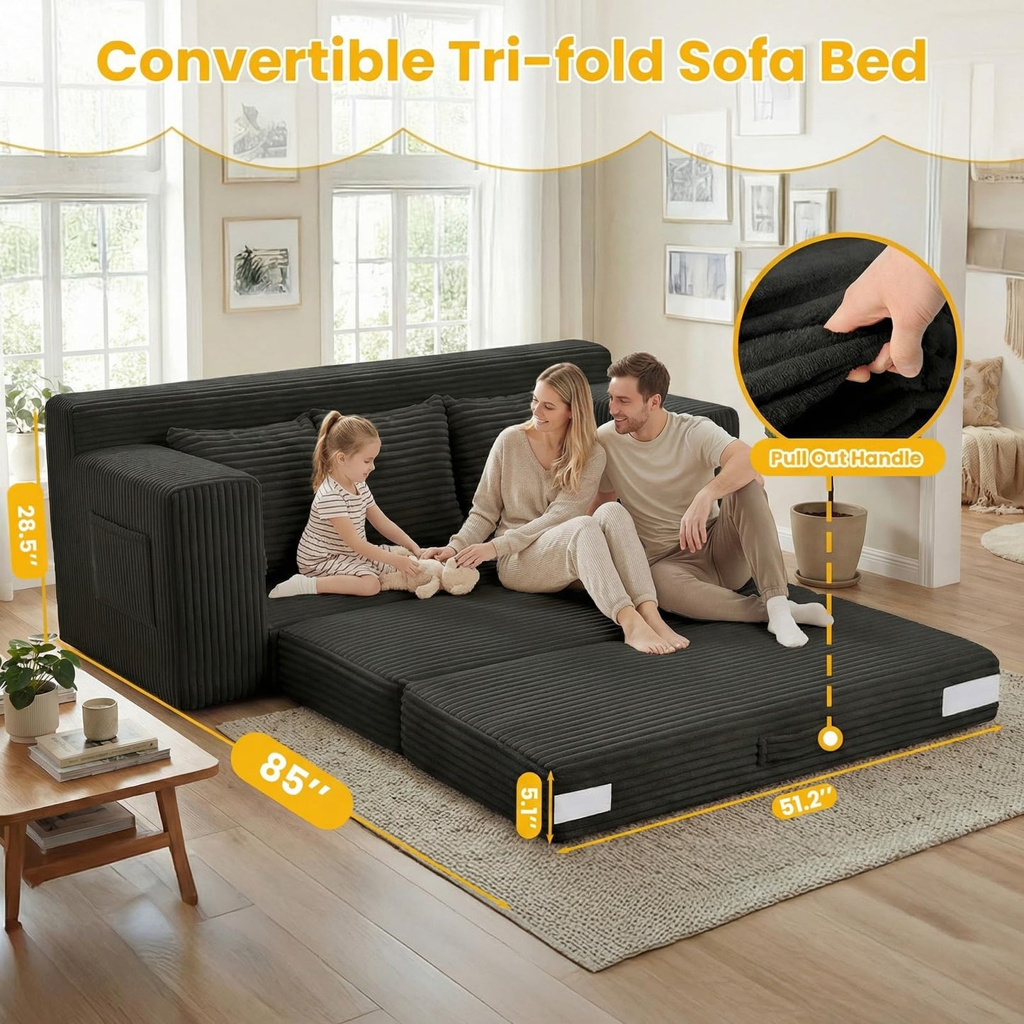 Boneless Couch,3 Seater Boneless Couch Bed – 3-in-1 Convertible Sleeper Sofa with Side Pockets & Handle,Pull Out Corduroy Futon for Small Space,Living Room & Bedroom,3 Pillows Included,No Assembly