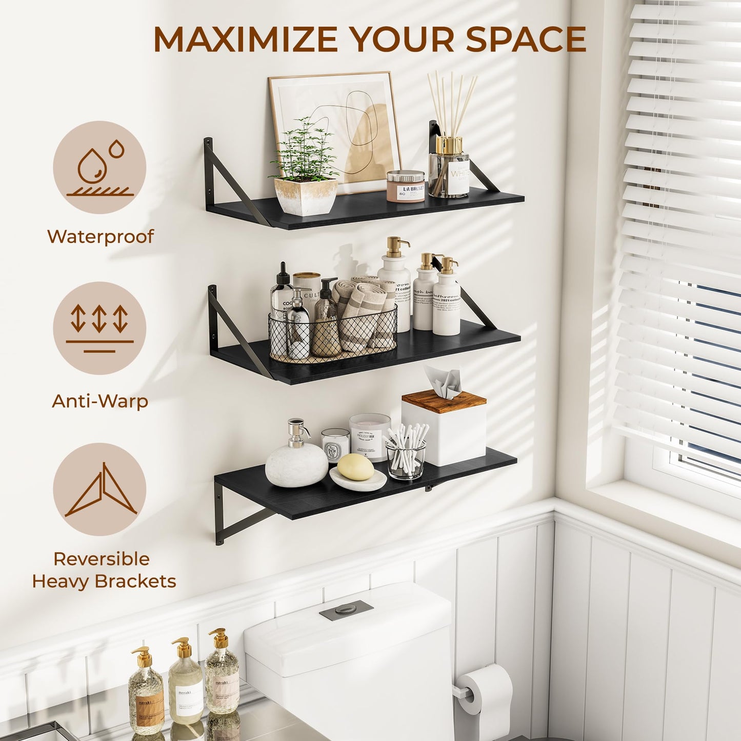 Heimlove Deep Floating Shelves for Wall, Wood Wall, Wide Floating Bookshelf for Living Room, Kitchen, Office, Bedroom and Decor Storage,Black with Metal Bracket, 24wx12dx5.8h, 3Shelves
