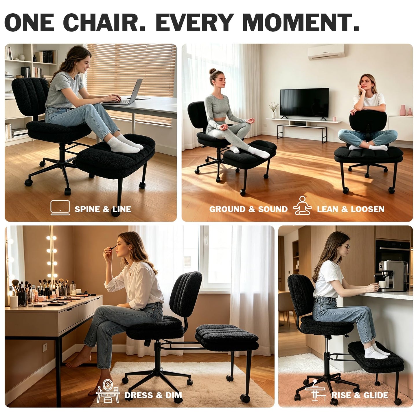 Ergonomic Cross Legged Office Chair with Footrest, 360° Swivel Height Adjustable Faux Shearling Criss Cross Chair, Wide Seat & Back Support for Home Office, ADHD, Black