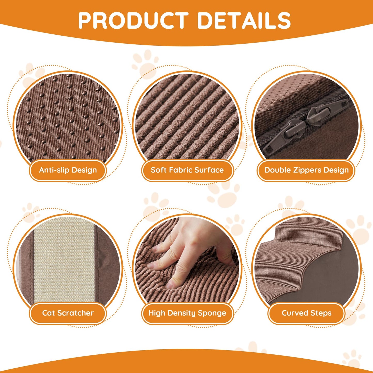 Pet Stairs, Dog Stairs for Small Dogs, Dogs Steps, 5-Step Curved Dog Ramp for Bed, Couch, Sofa, Car and Chair, Non-Slip Bottom Design, Cat Scratching Board, High Density Foam Portable Pet Step, Coffee