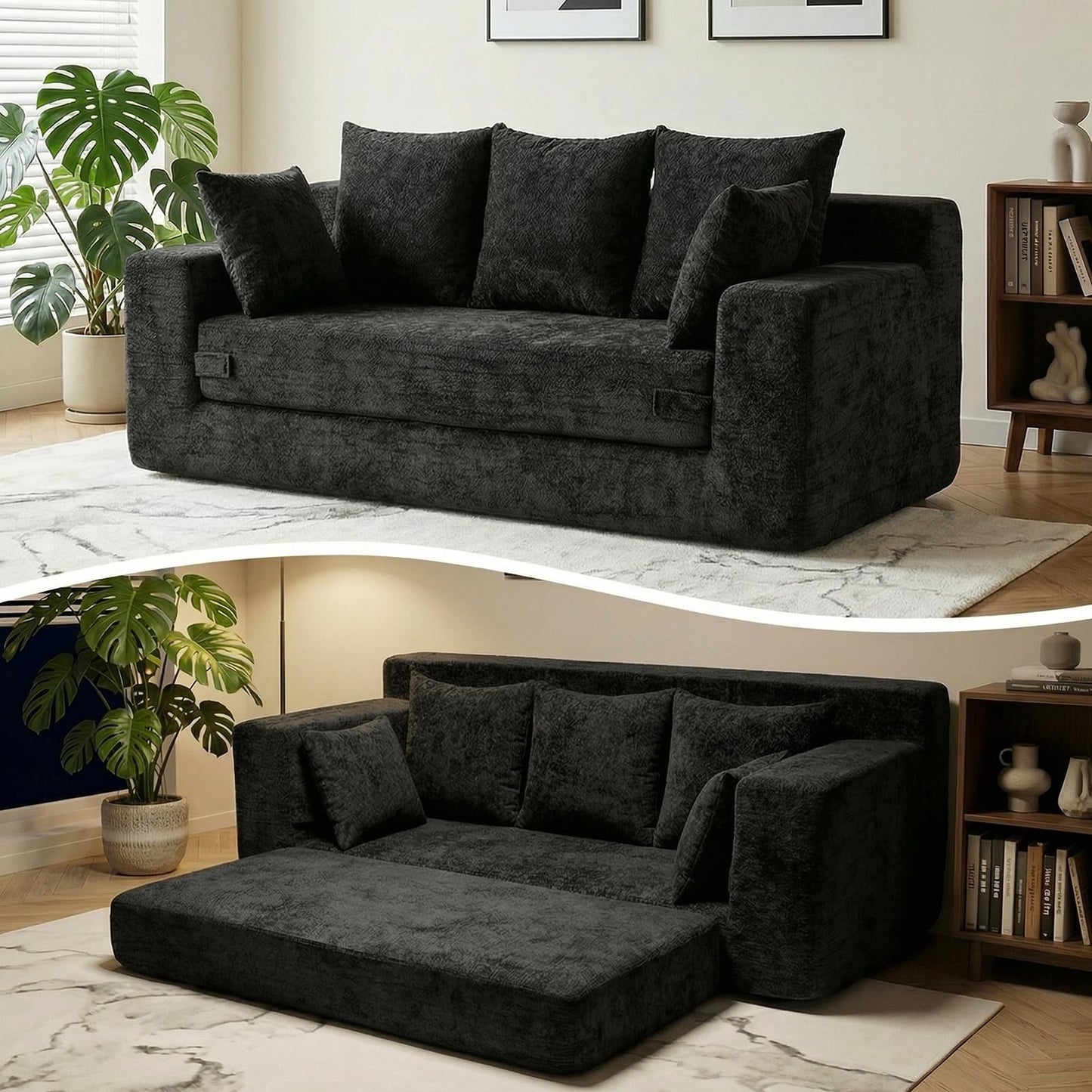 Winzoo Boneless Couches 70", 3 Seater Boneless Couch with Pull Out Sofa Bed, Black Boneless Couch with 5 Pillows, Plush Velvet Sofa for Living Room & Bedroom
