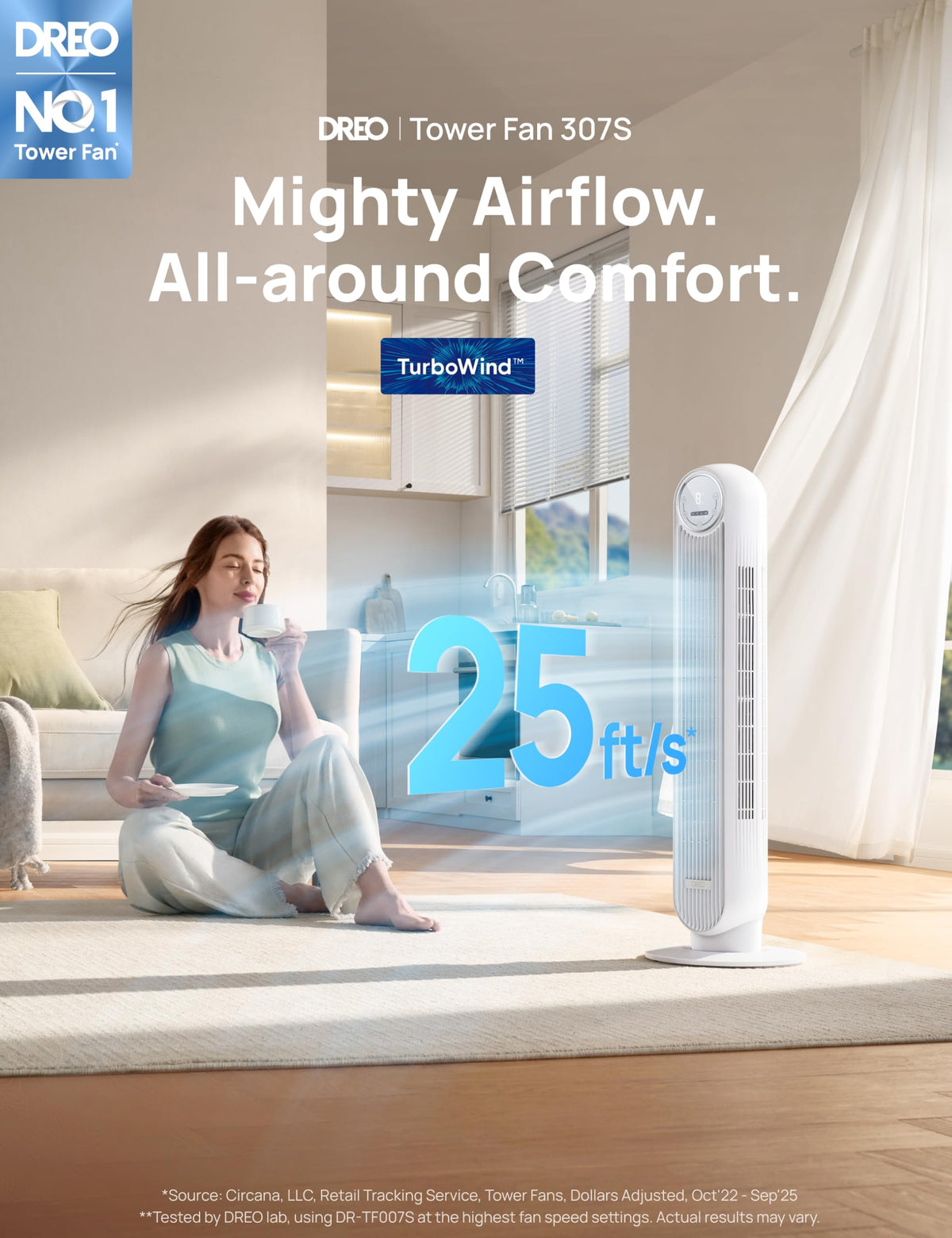 DREO Tower Fan for Bedroom, 25ft/s Smart Standing Fans, 90° Oscillating Floor Fan with 4 Modes, 4 Speeds, 8H Timer, 28dB, Bladeless, Remote, Works with WiFi Voice Control